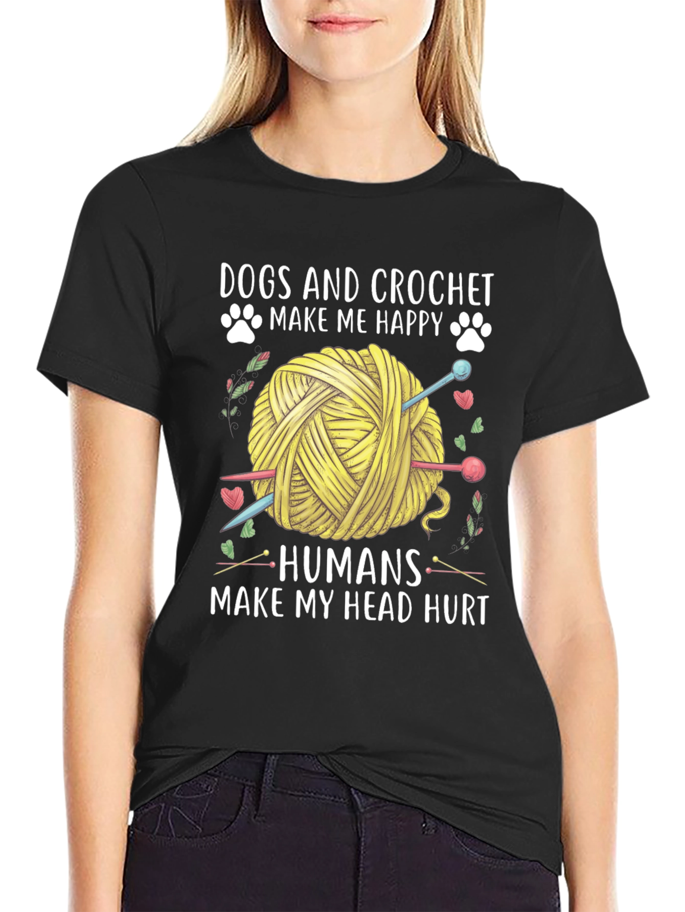 Camiseta Negra: Perros y Crochet Felicidad