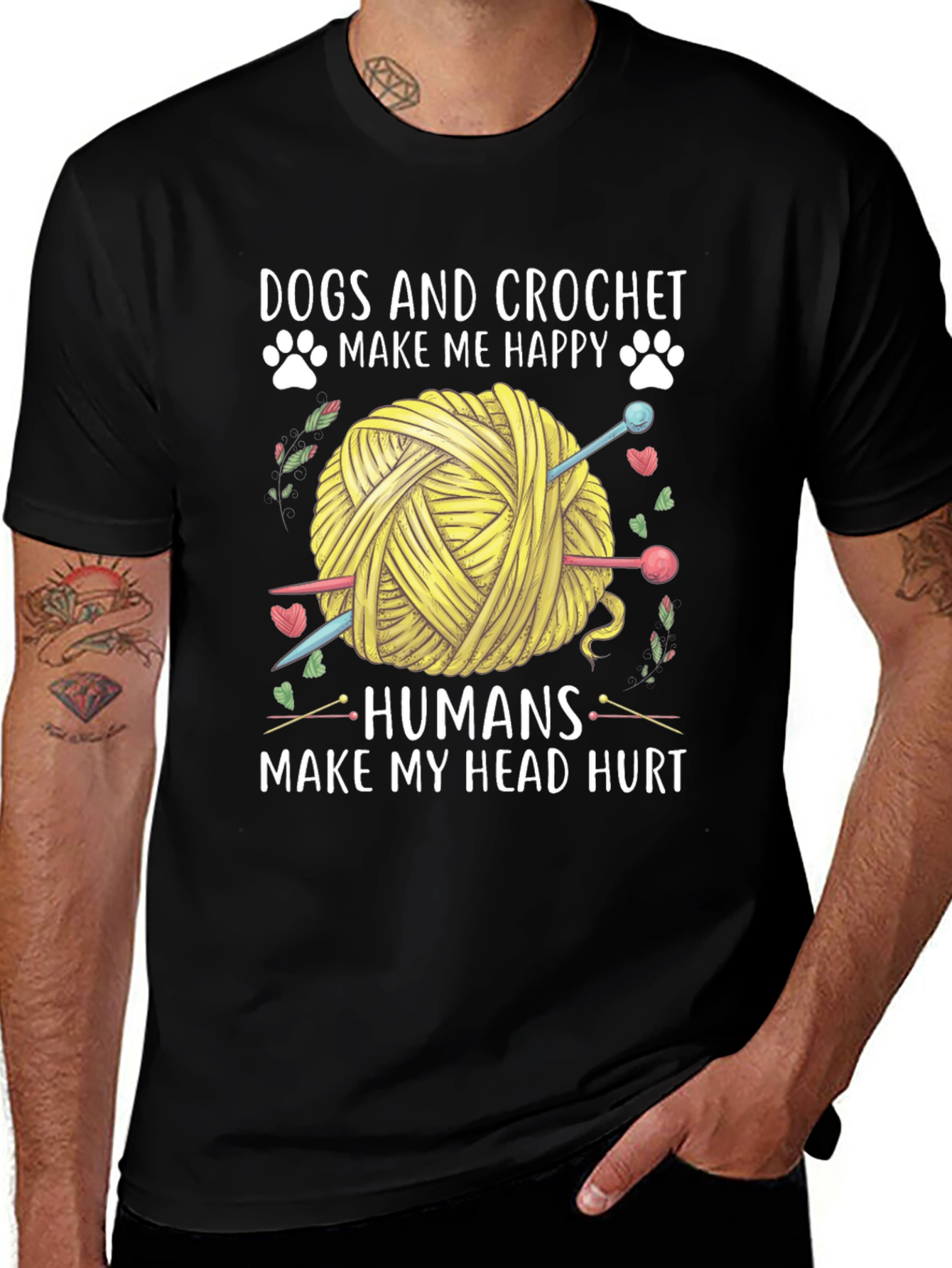 Camiseta Negra: Perros y Crochet Felicidad