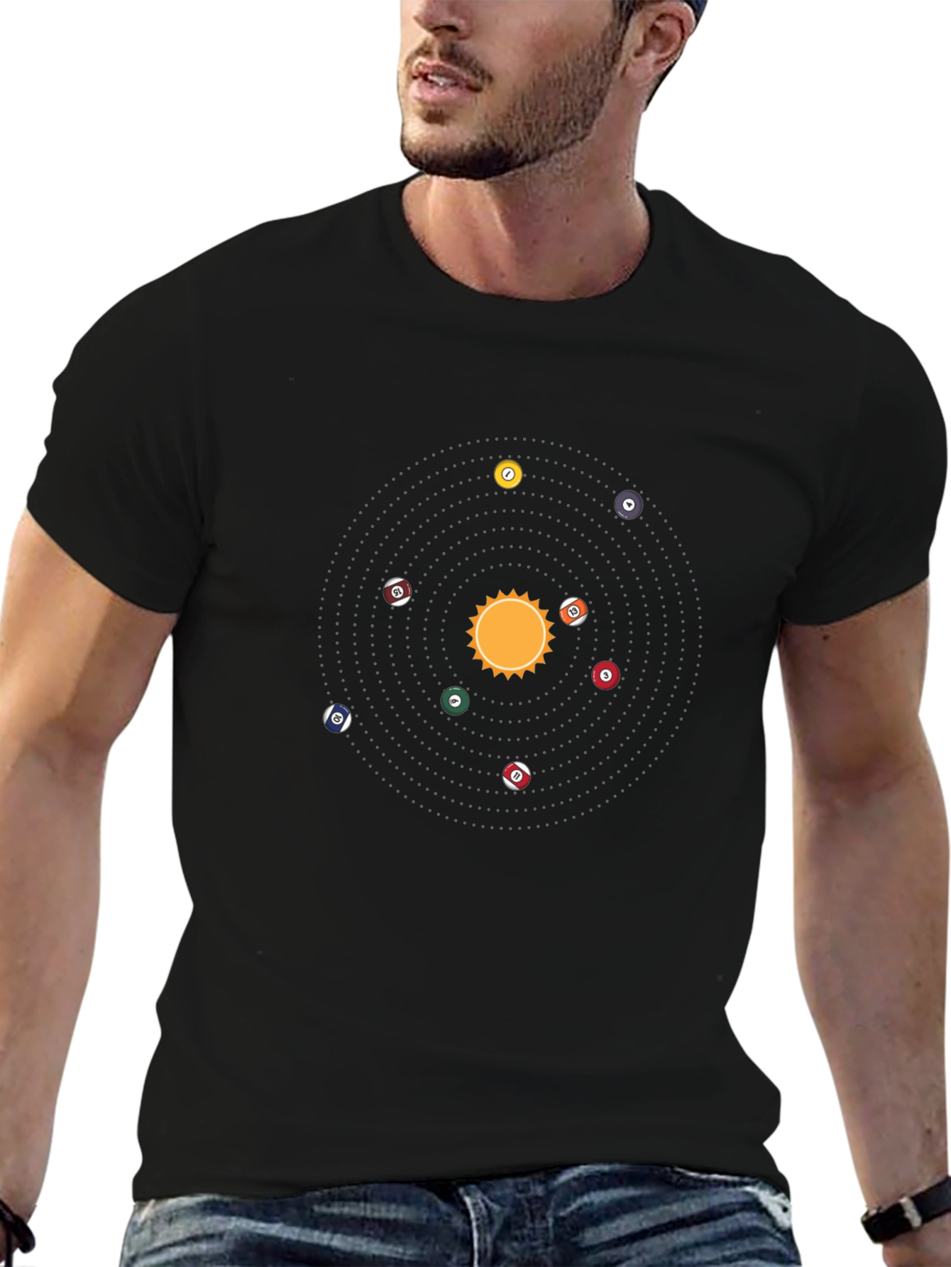 Camiseta Negra: Sistema Solar de Billar