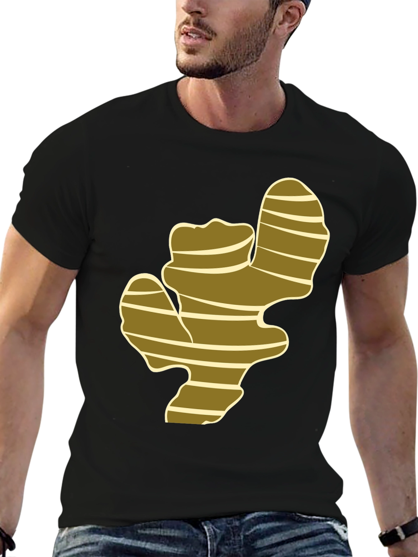 Camiseta Negra con Diseño de Raíz de Jengibre
