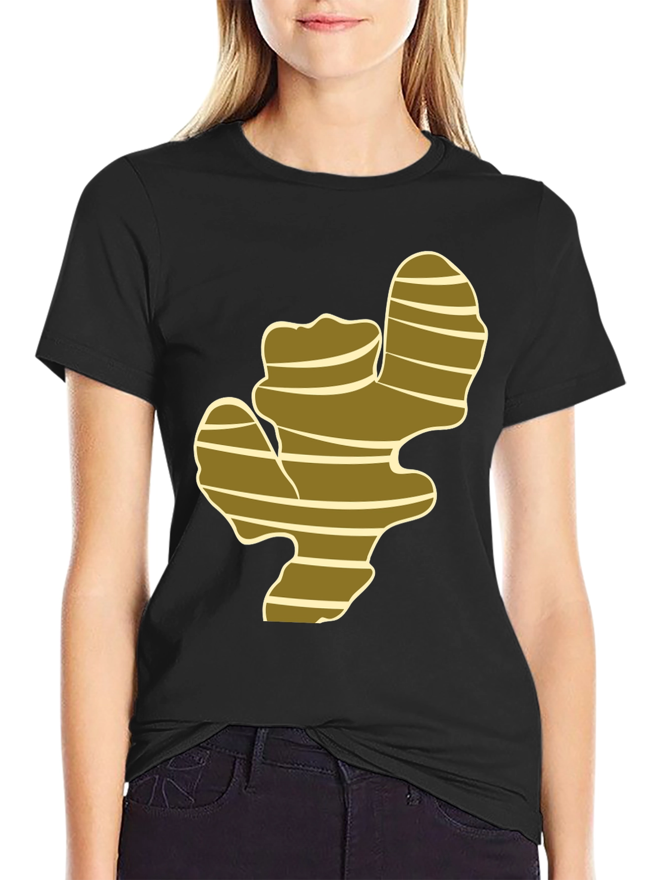 Camiseta Negra con Diseño de Raíz de Jengibre