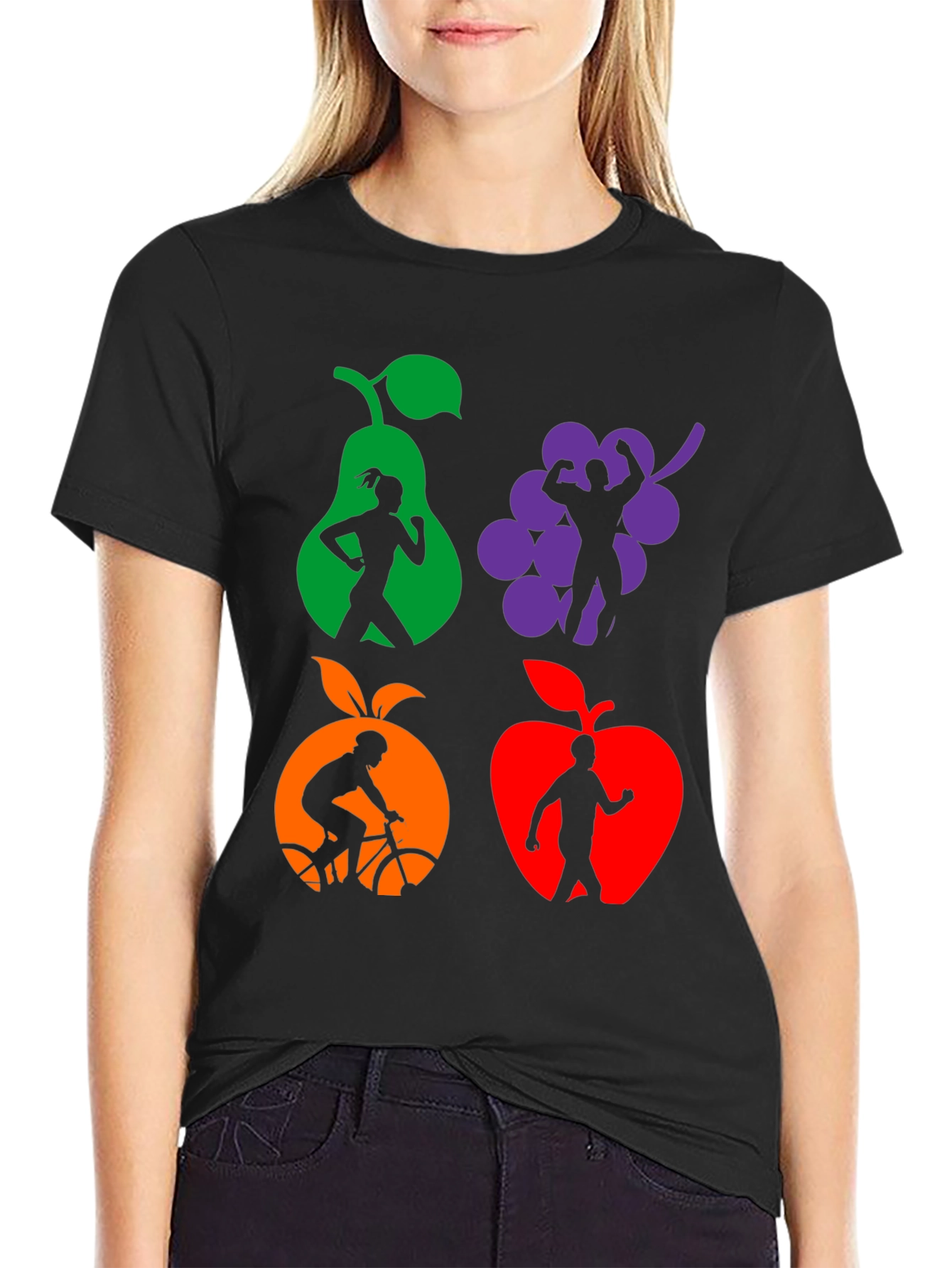 Camiseta Negra Deportiva con Diseño de Frutas