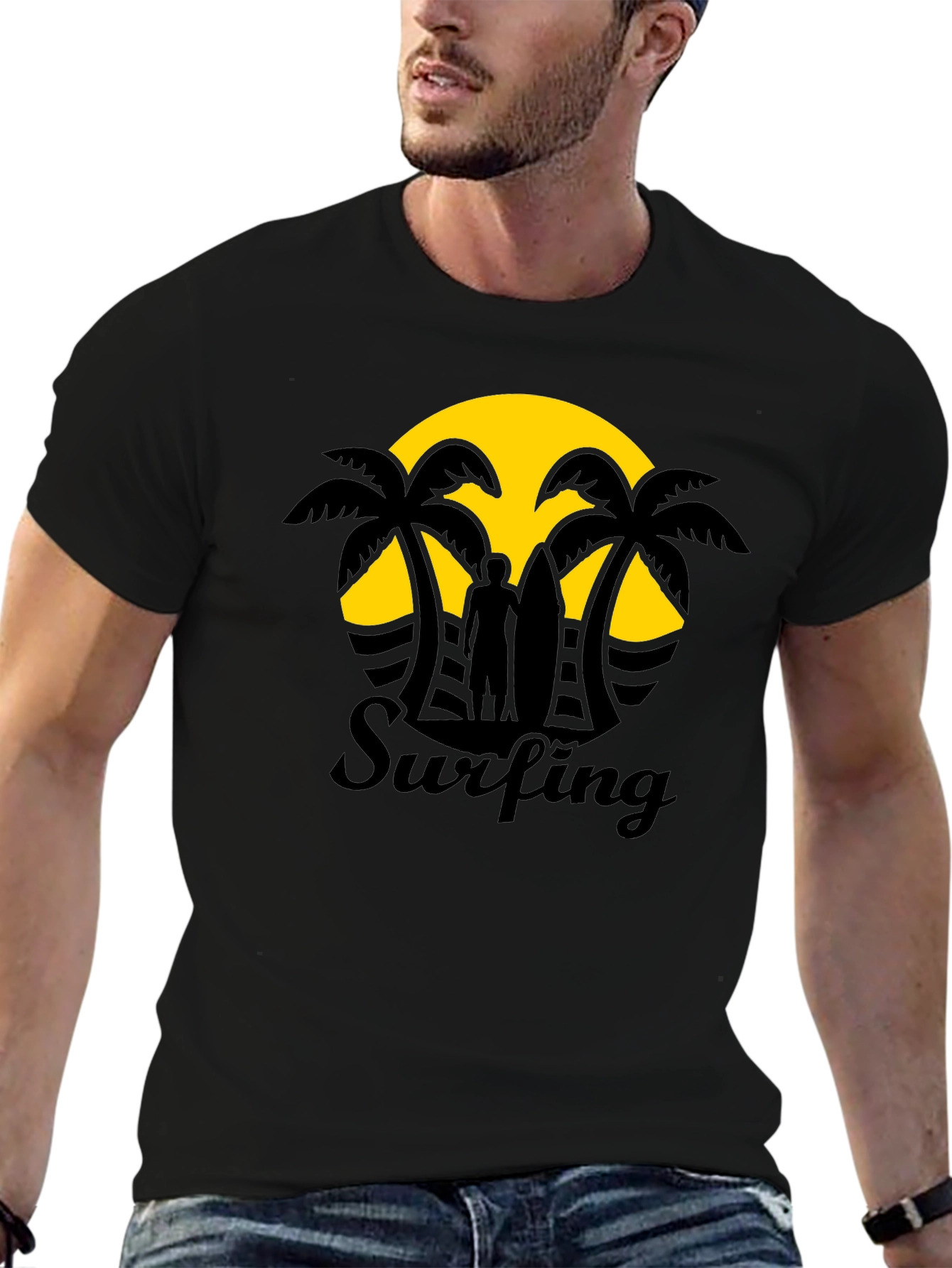Camiseta Negra Estampado Surfing Sunset