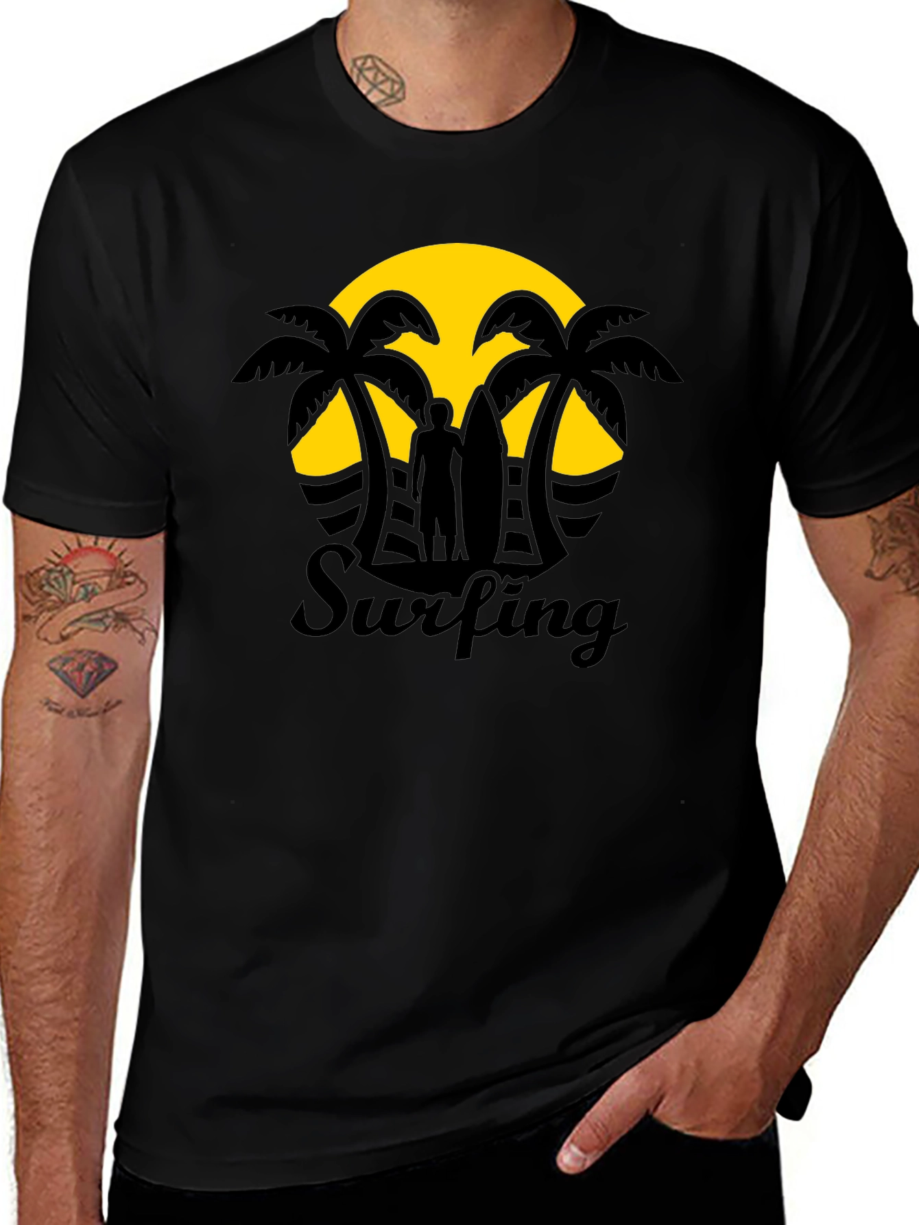 Camiseta Negra Estampado Surfing Sunset