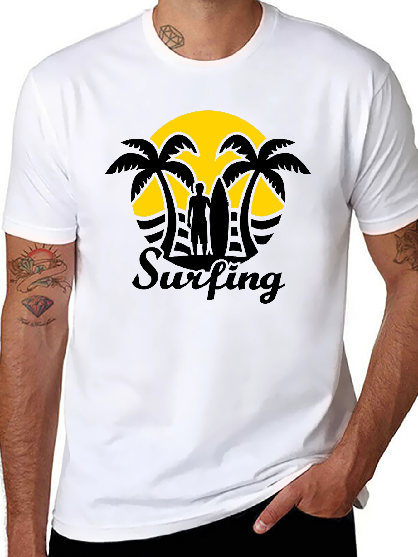 Camiseta Negra Estampado Surfing Sunset
