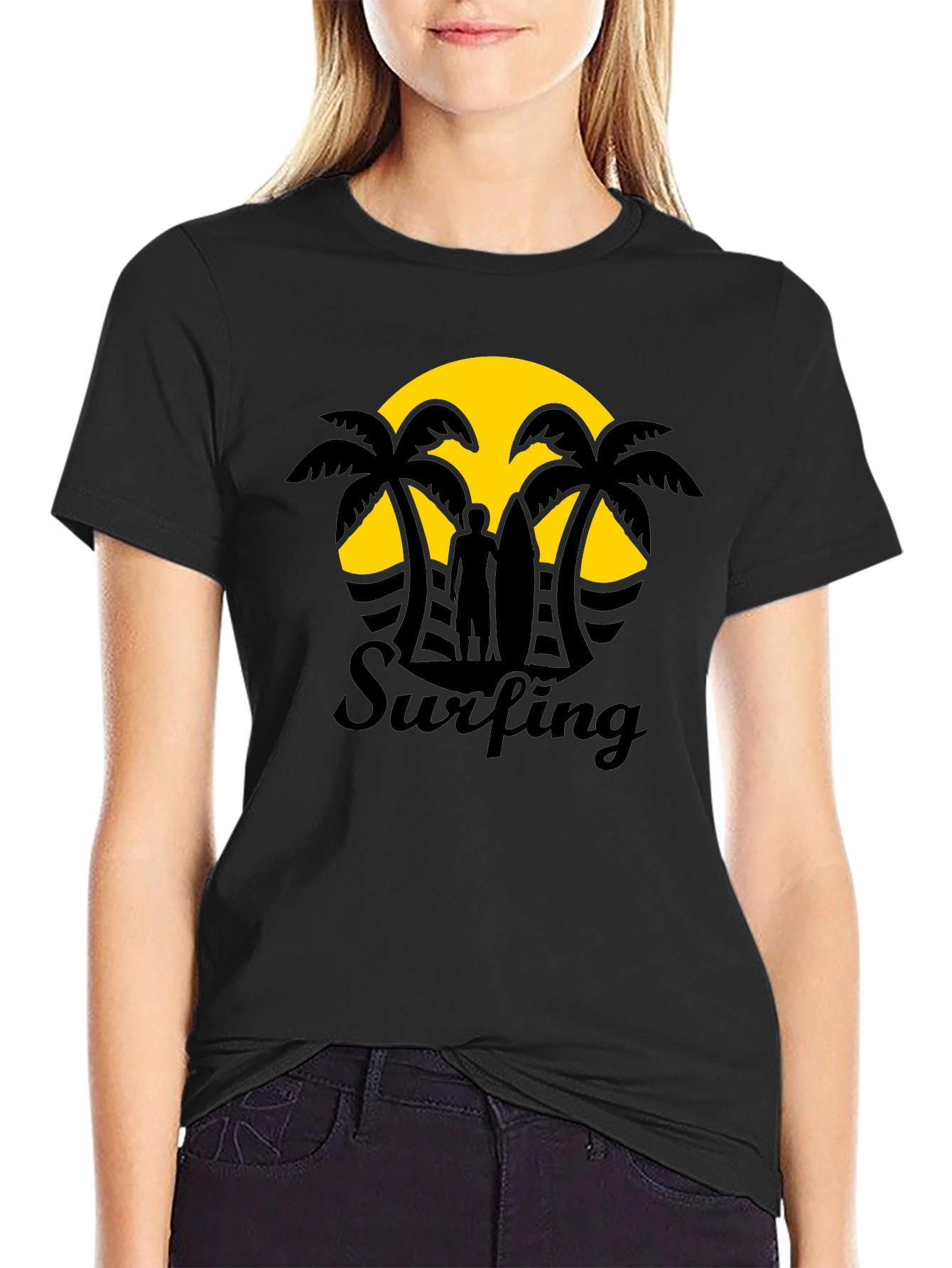 Camiseta Negra Estampado Surfing Sunset