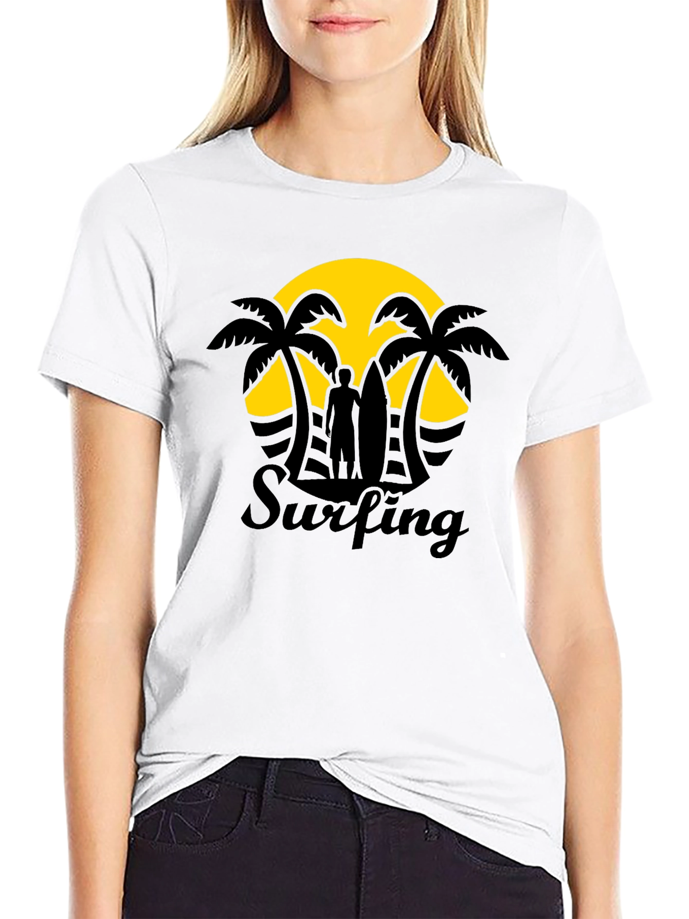 Camiseta Negra Estampado Surfing Sunset