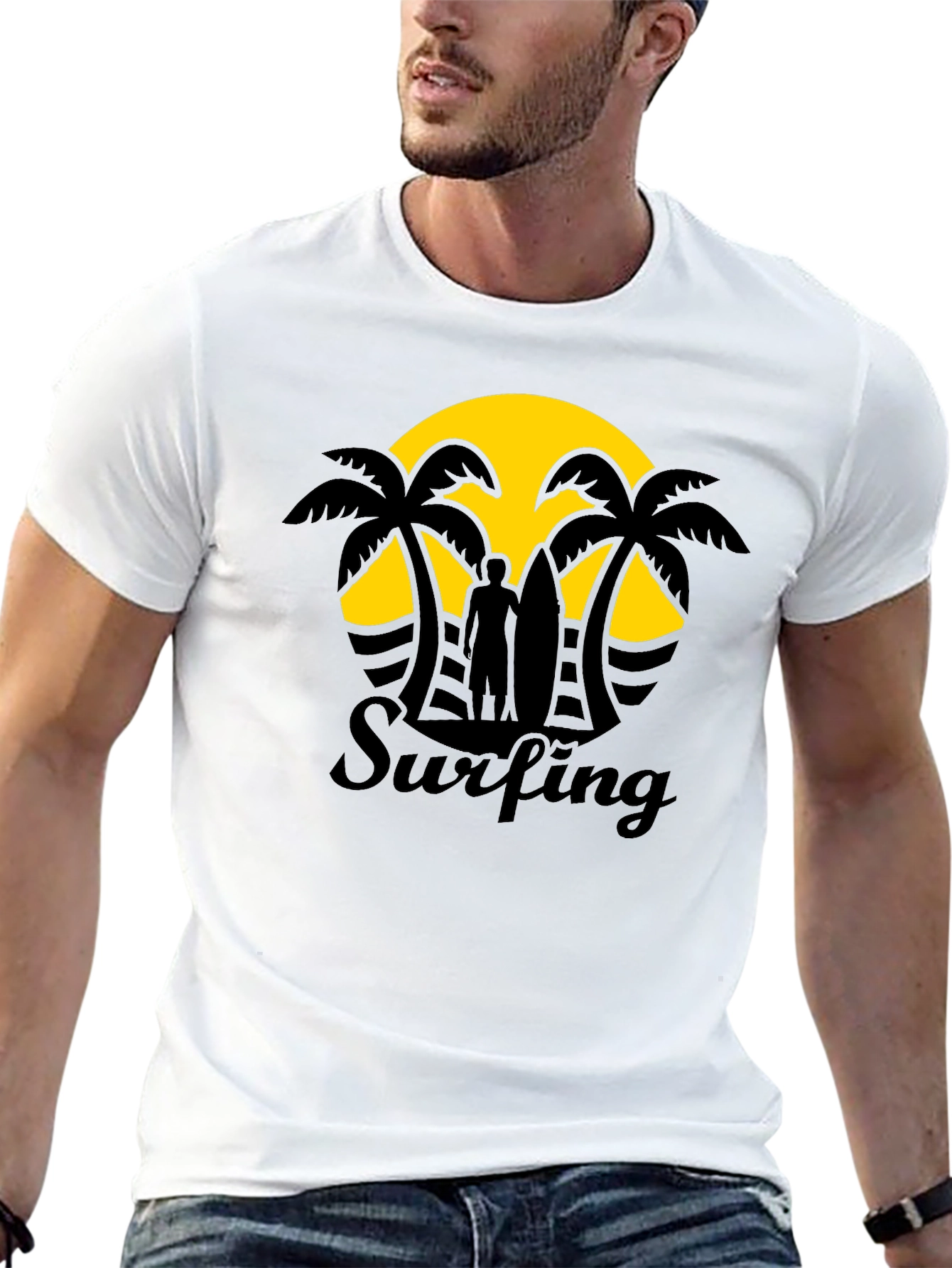 Camiseta Negra Estampado Surfing Sunset