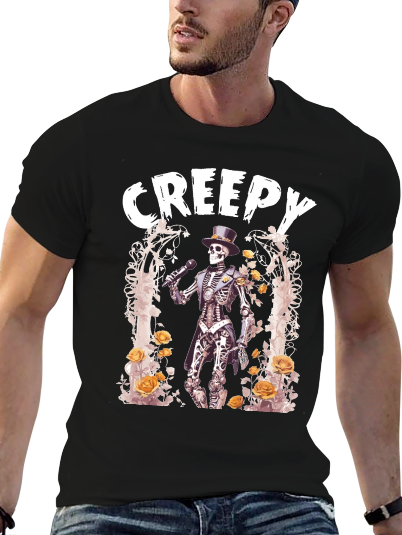 Camiseta Negra Creepy con Esqueleto Cantante