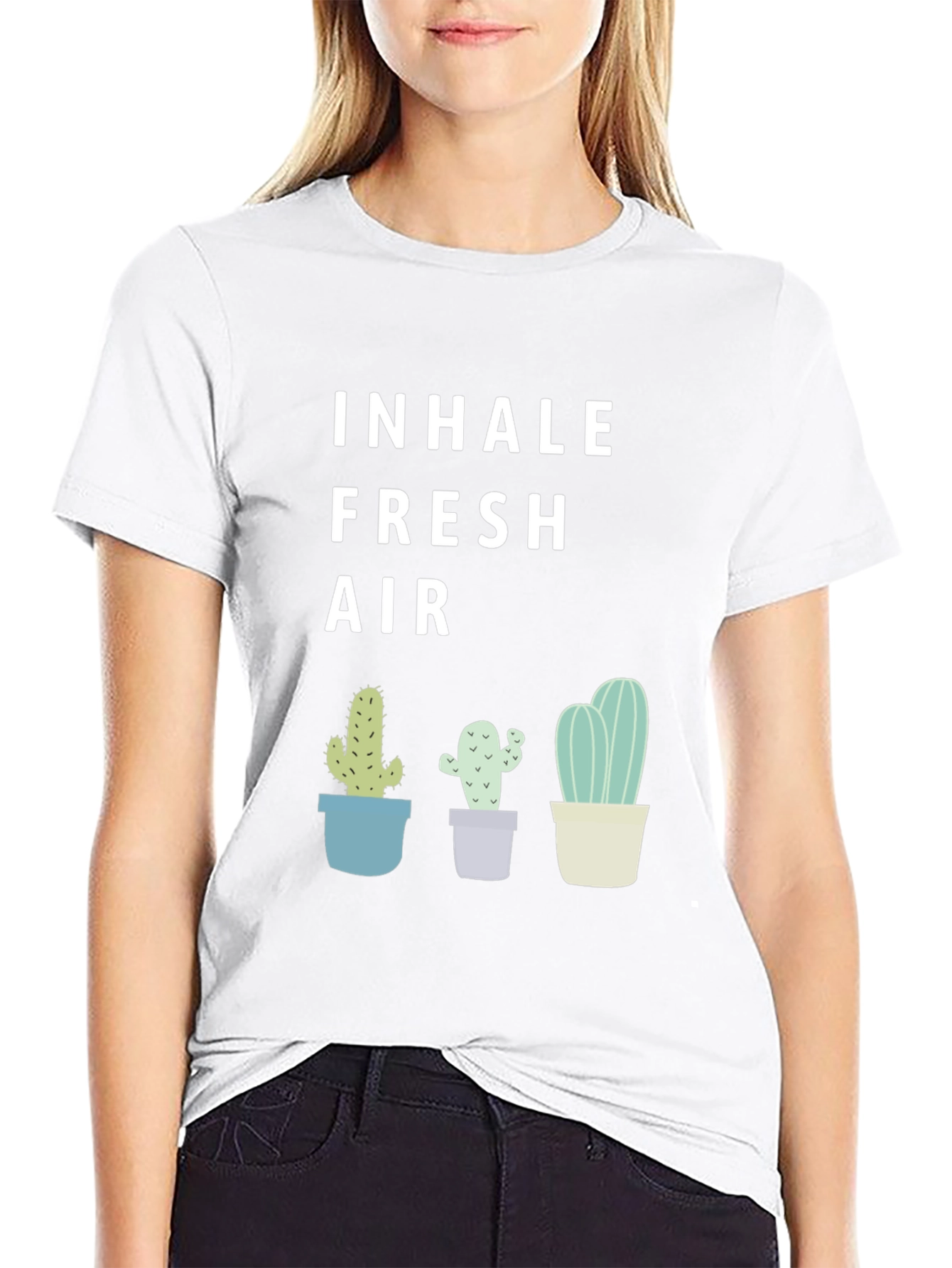 Camiseta Negra Inhale Fresh Air con Cactus