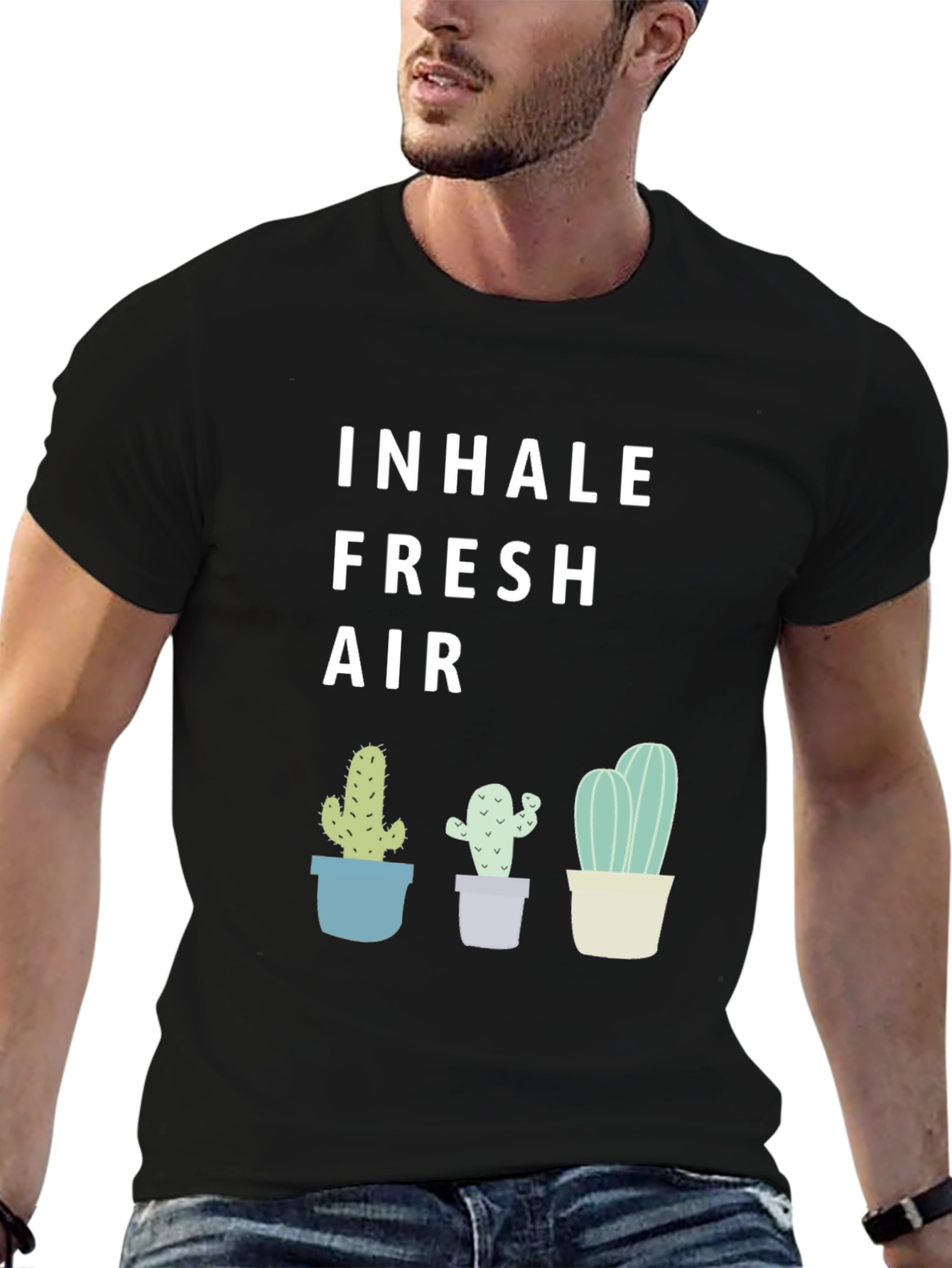 Camiseta Negra Inhale Fresh Air con Cactus