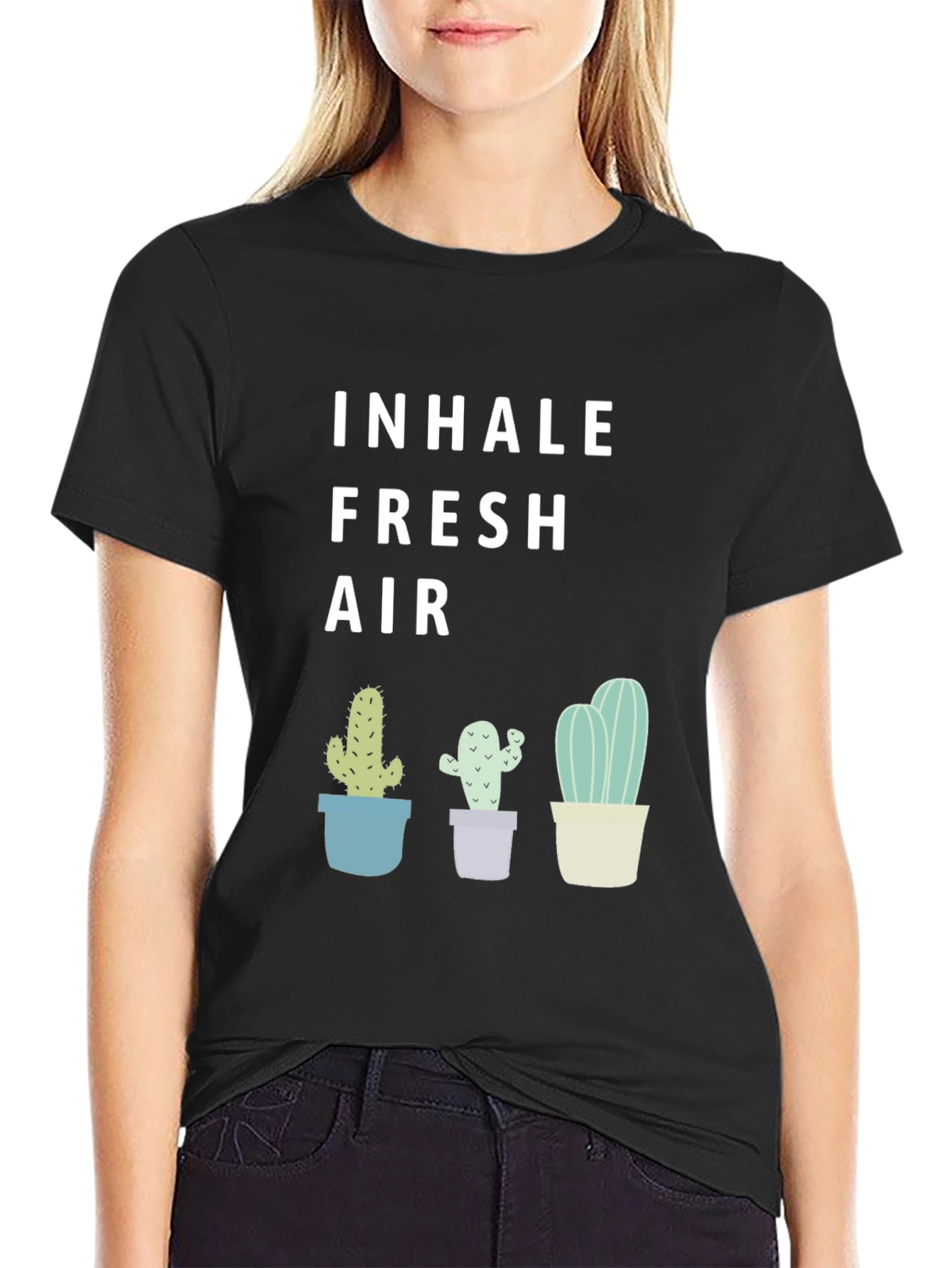 Camiseta Negra Inhale Fresh Air con Cactus