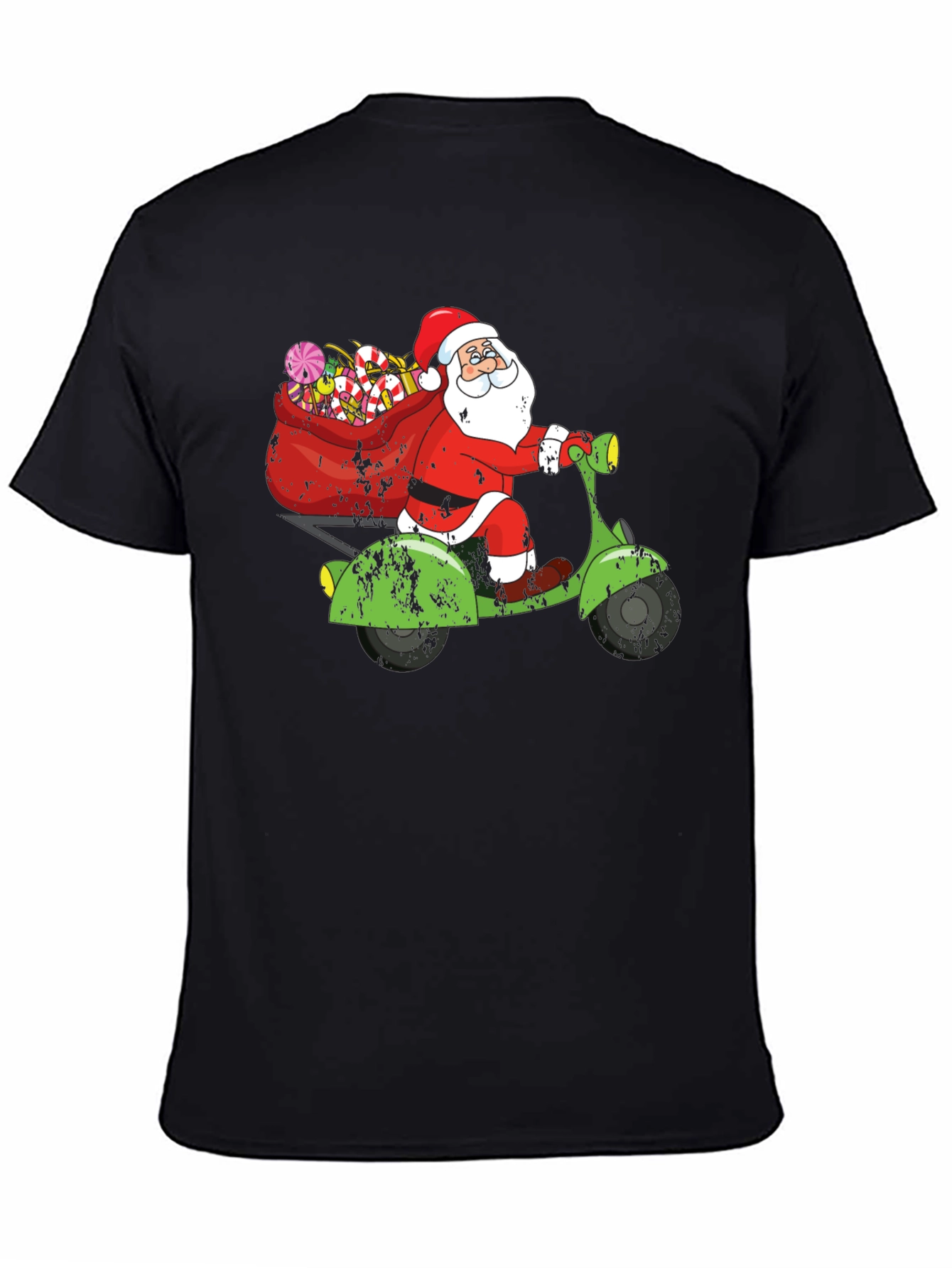 Camiseta Negra Santa en Scooter Navideña