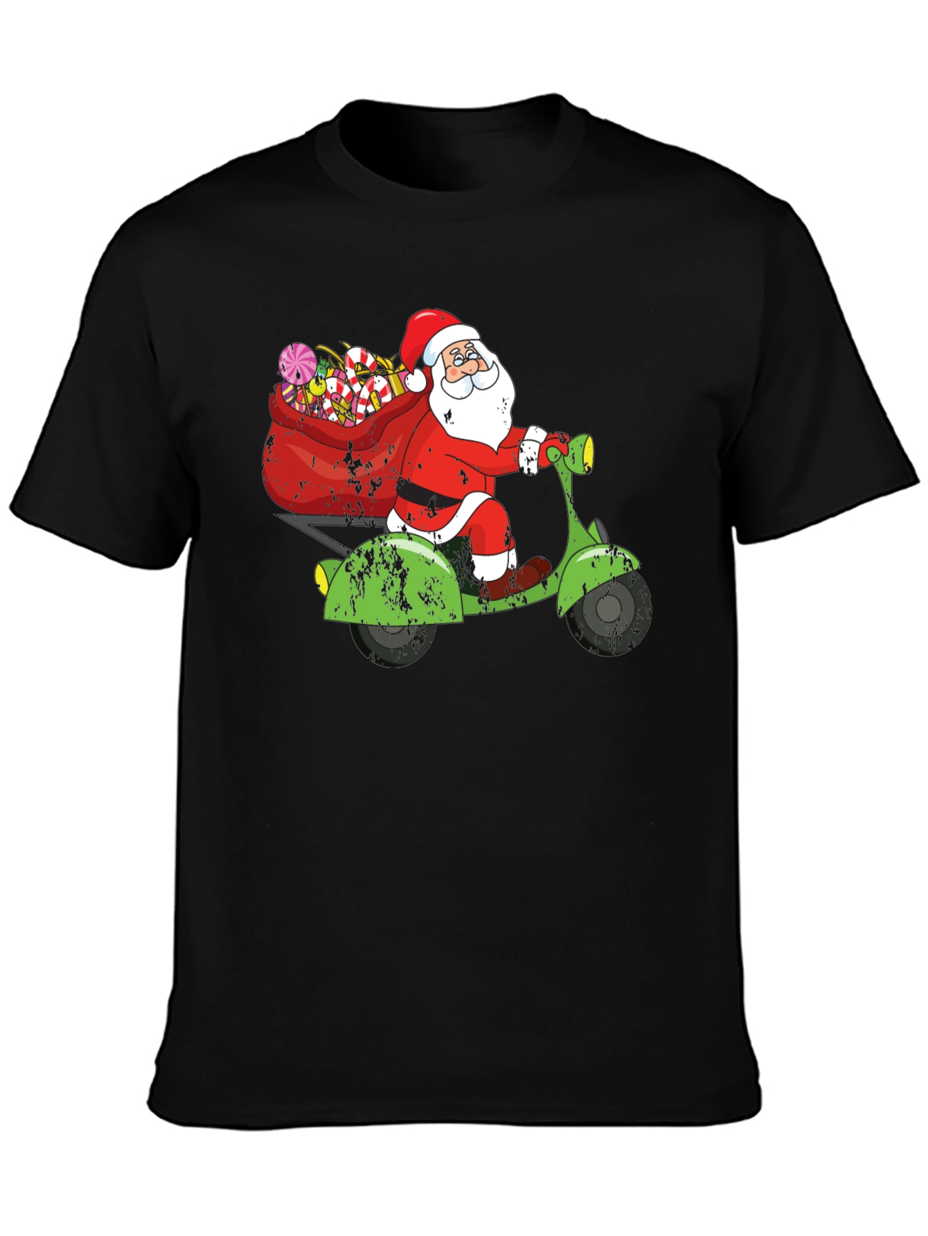Camiseta Negra Santa en Scooter Navideña