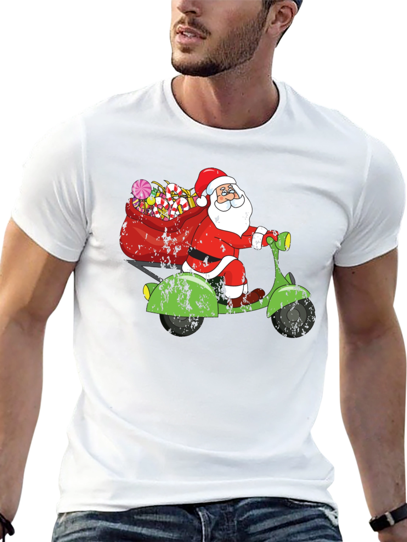 Camiseta Negra Santa en Scooter Navideña