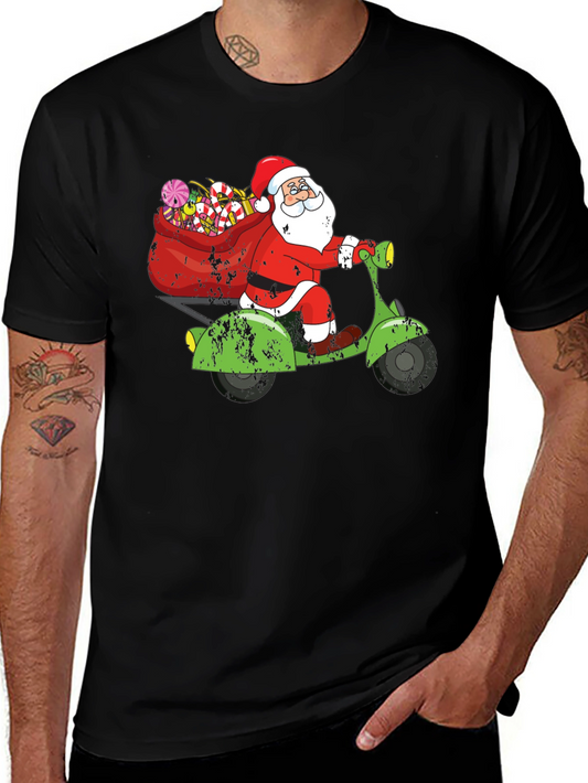 Camiseta Negra Santa en Scooter Navideña