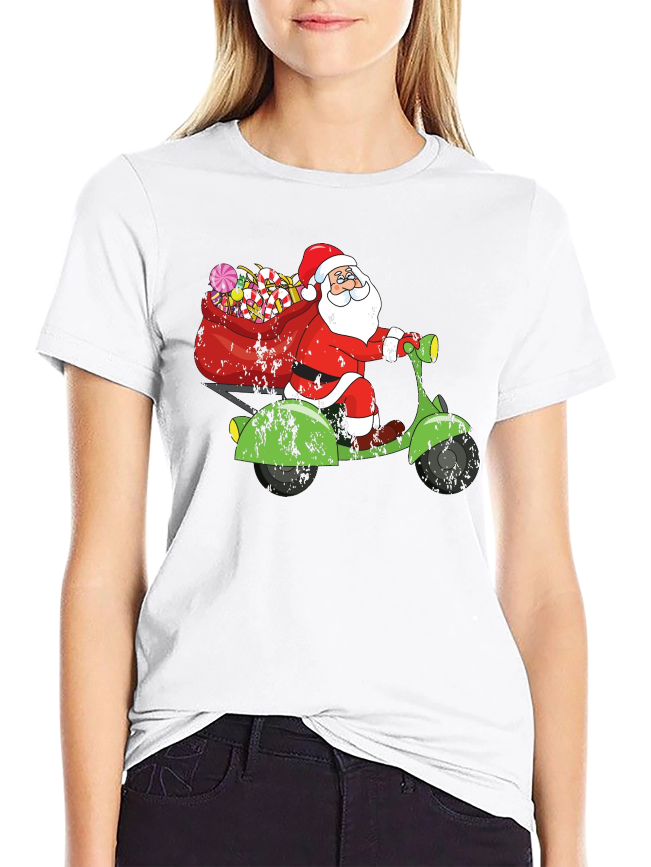 Camiseta Negra Santa en Scooter Navideña