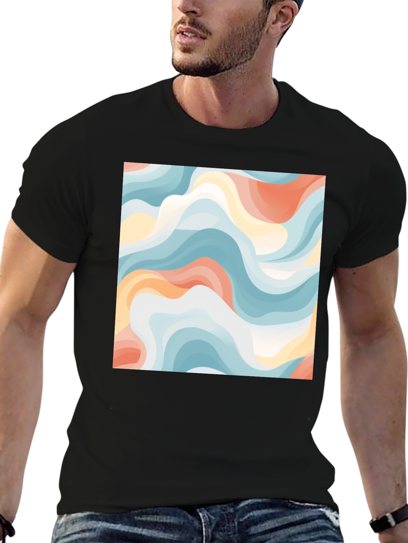 Camiseta Negra con Diseño Abstracto Ondulado