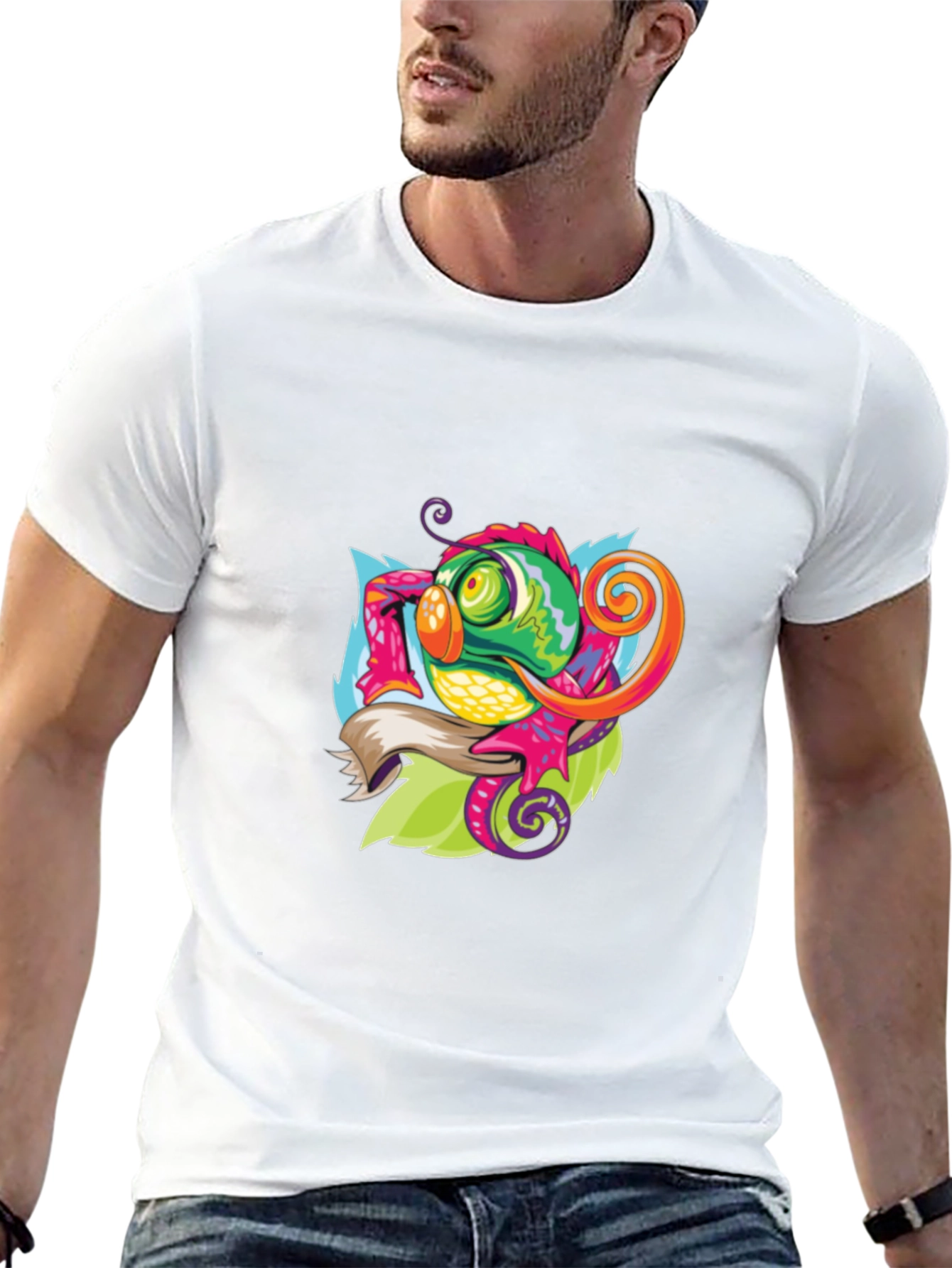 Camiseta Negra con Diseño de Camaleón Artístico