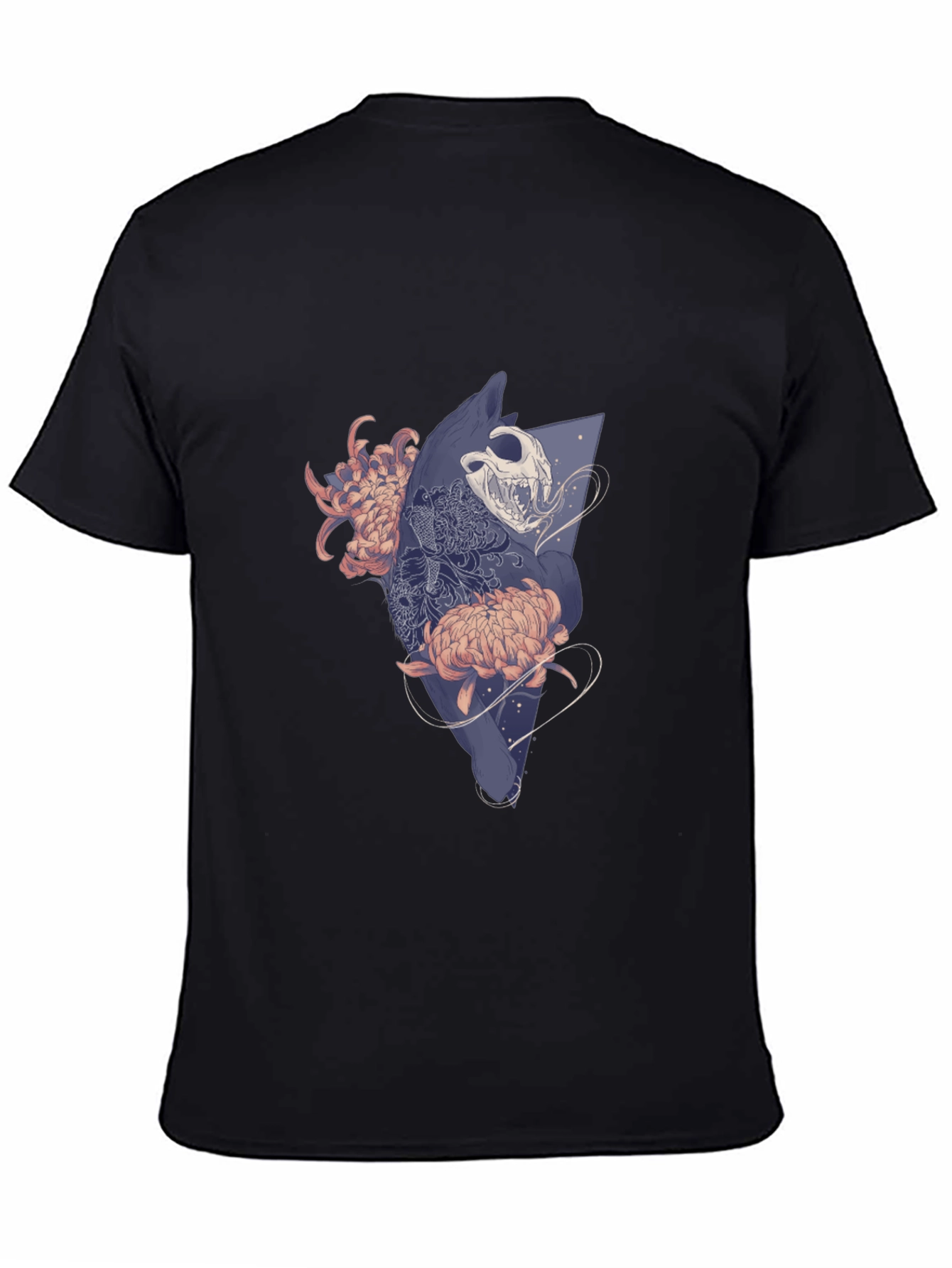 Camiseta Negra con Diseño Floral y Cráneo