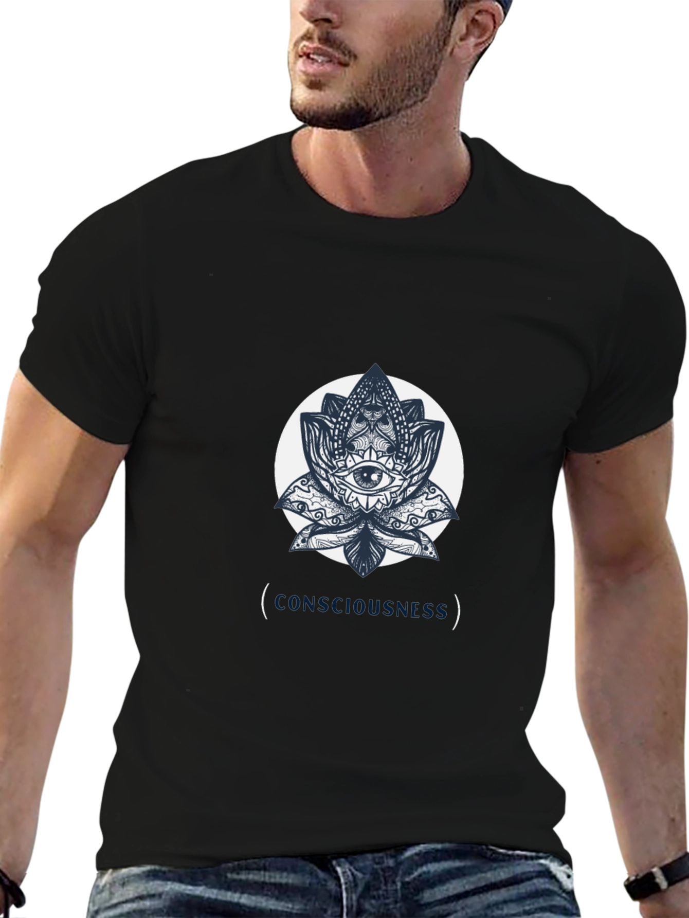 Camiseta Negra con Diseño de Loto y Ojo