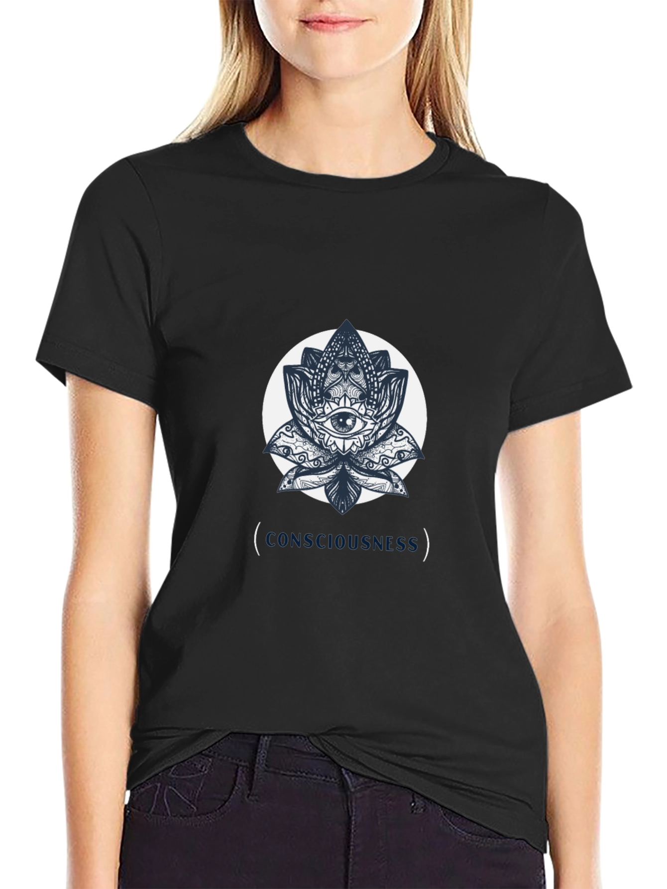 Camiseta Negra con Diseño de Loto y Ojo