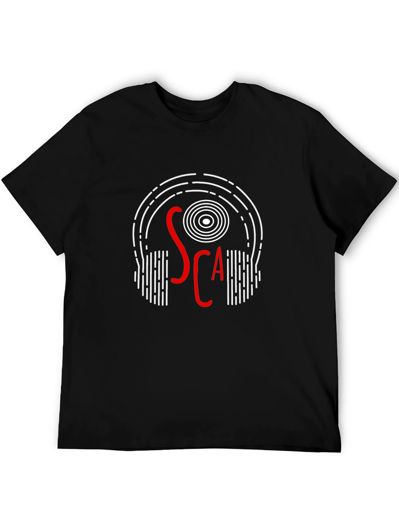 Camiseta Negra con Diseño de Auriculares y Texto SCA