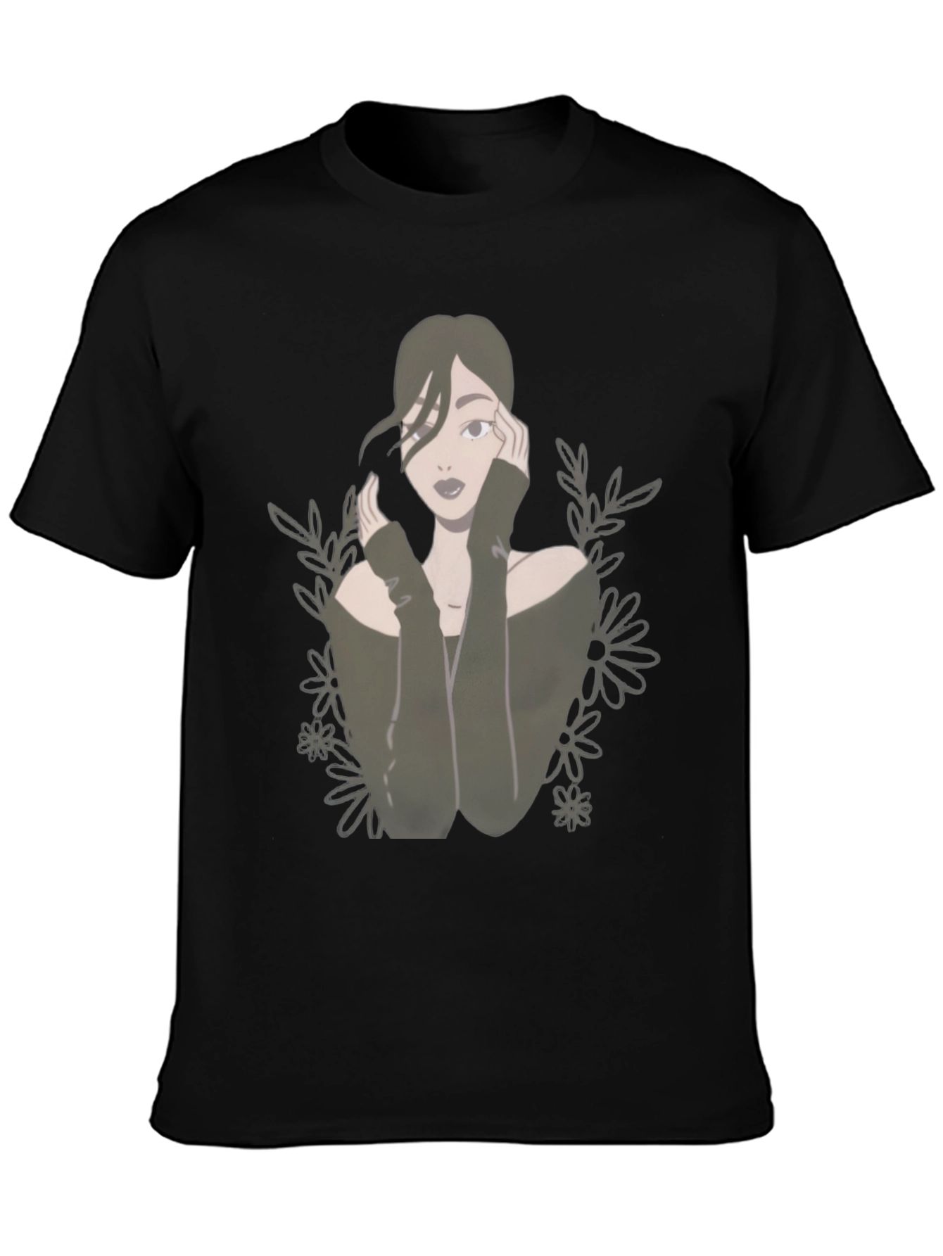 Camiseta Negra con Diseño de Mujer Floral