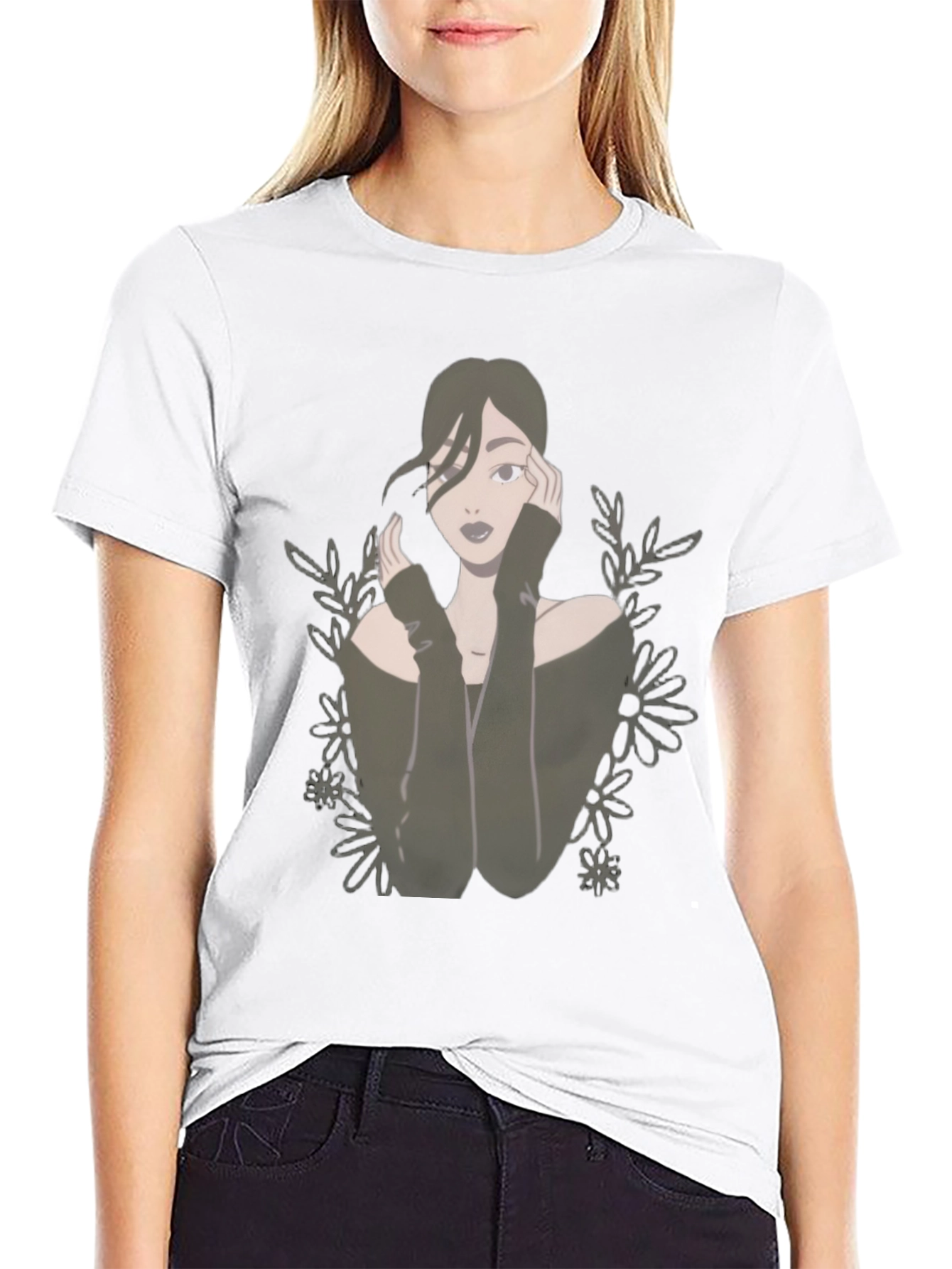 Camiseta Negra con Diseño de Mujer Floral