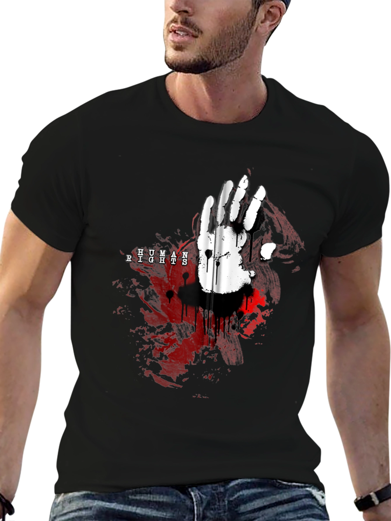 Camiseta Negra con Diseño de Mano y Derechos Humanos