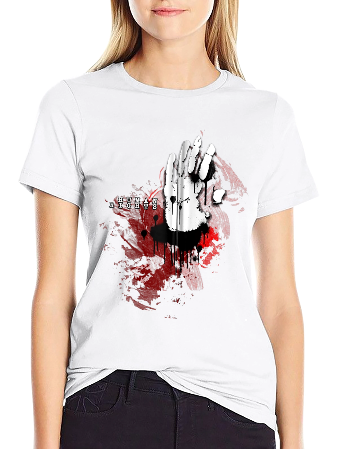 Camiseta Negra con Diseño de Mano y Derechos Humanos