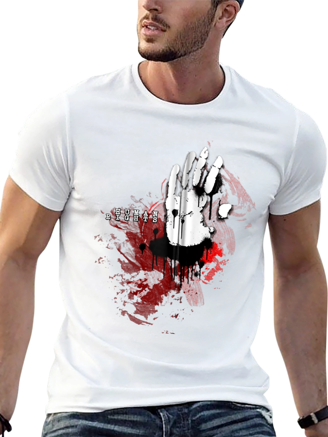 Camiseta Negra con Diseño de Mano y Derechos Humanos