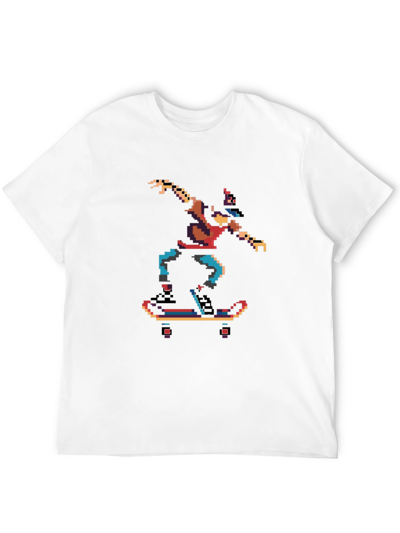 Camiseta Negra con Diseño Pixelado de Skateboarder