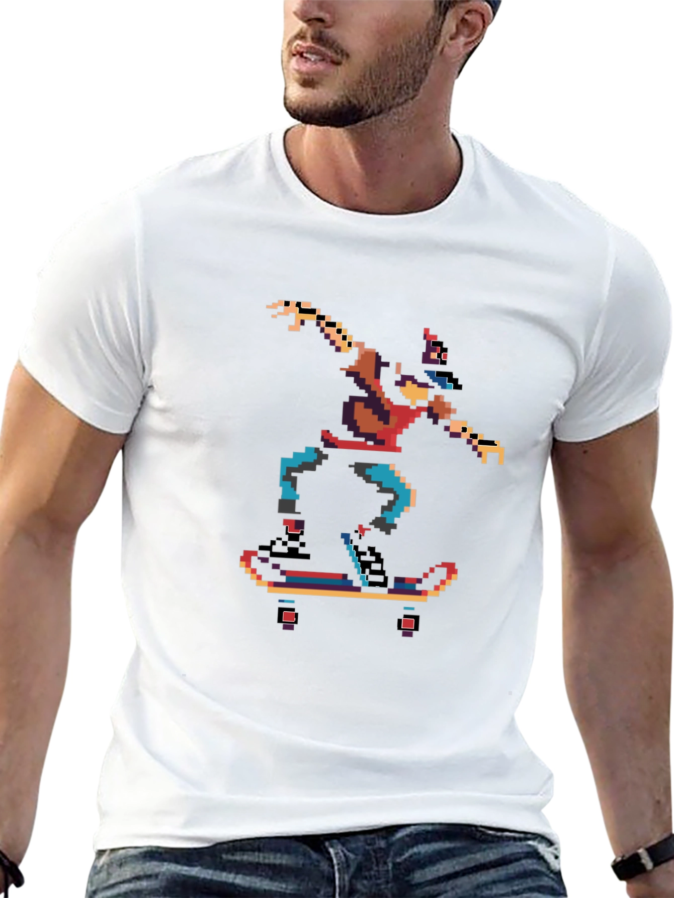 Camiseta Negra con Diseño Pixelado de Skateboarder