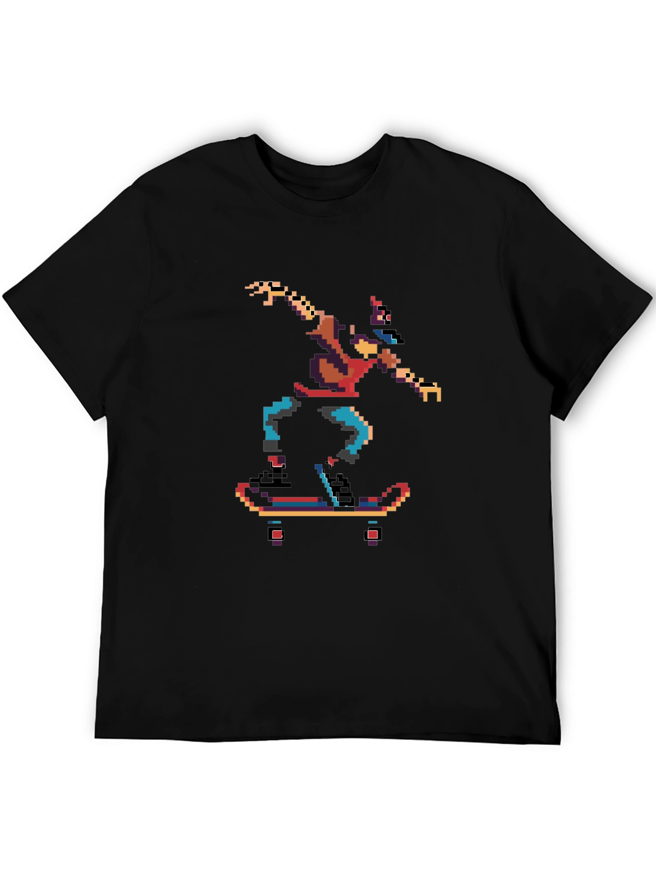 Camiseta Negra con Diseño Pixelado de Skateboarder