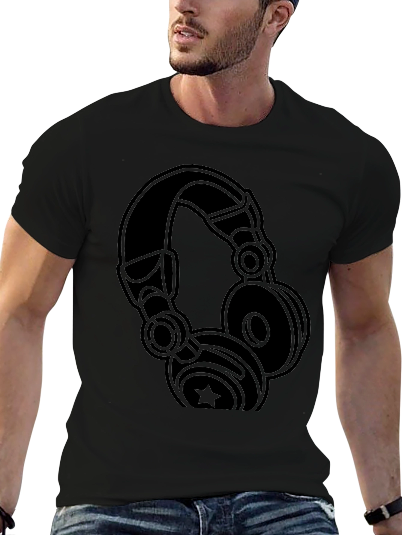Camiseta Negra con Diseño de Audífonos Estilizados