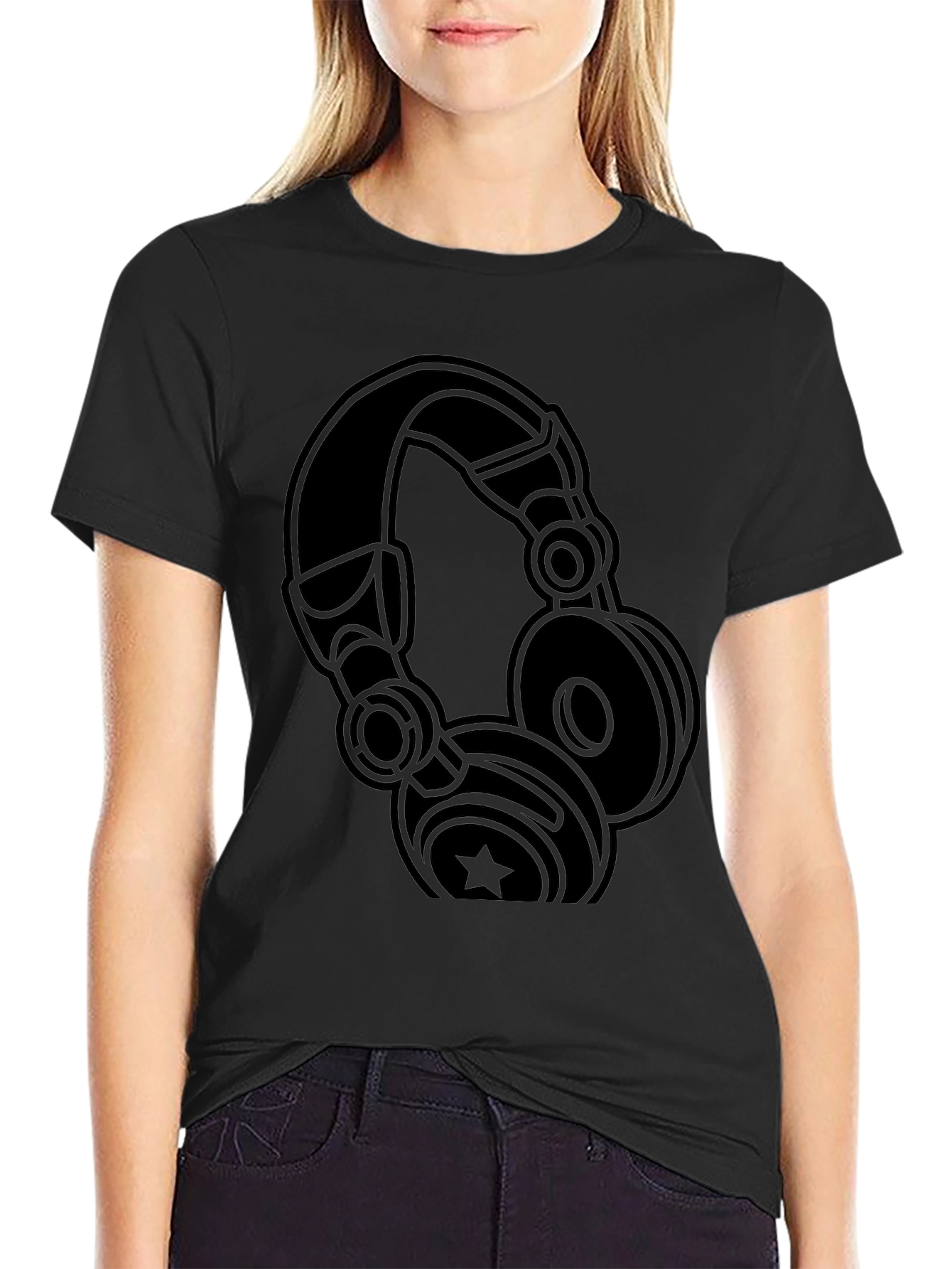 Camiseta Negra con Diseño de Audífonos Estilizados