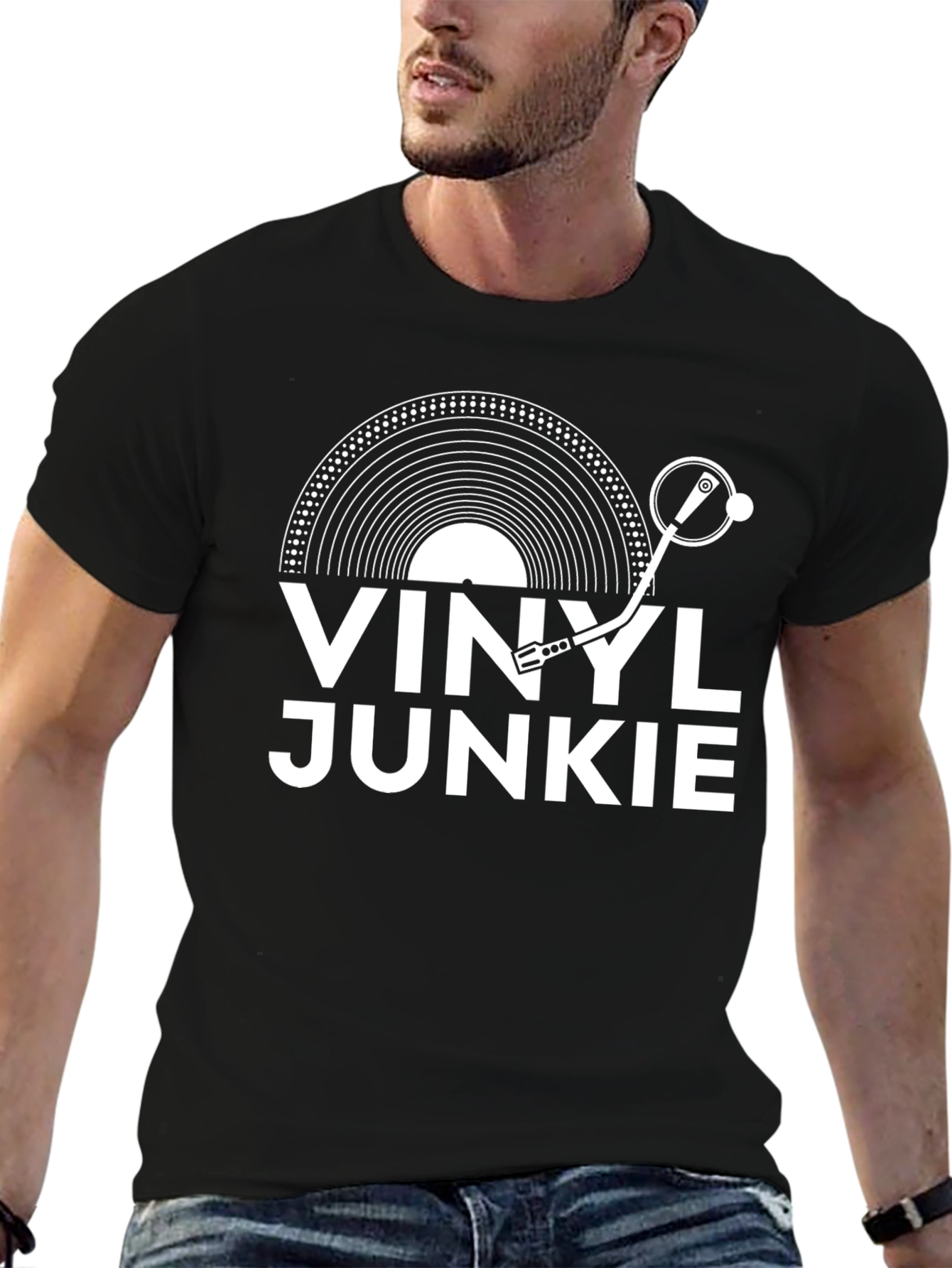 Camiseta Negra Vinyl Junkie para Amantes de la Música