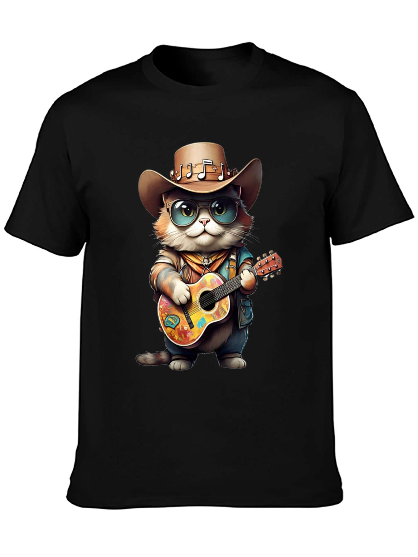 Camiseta Negra con Gato Vaquero Músico