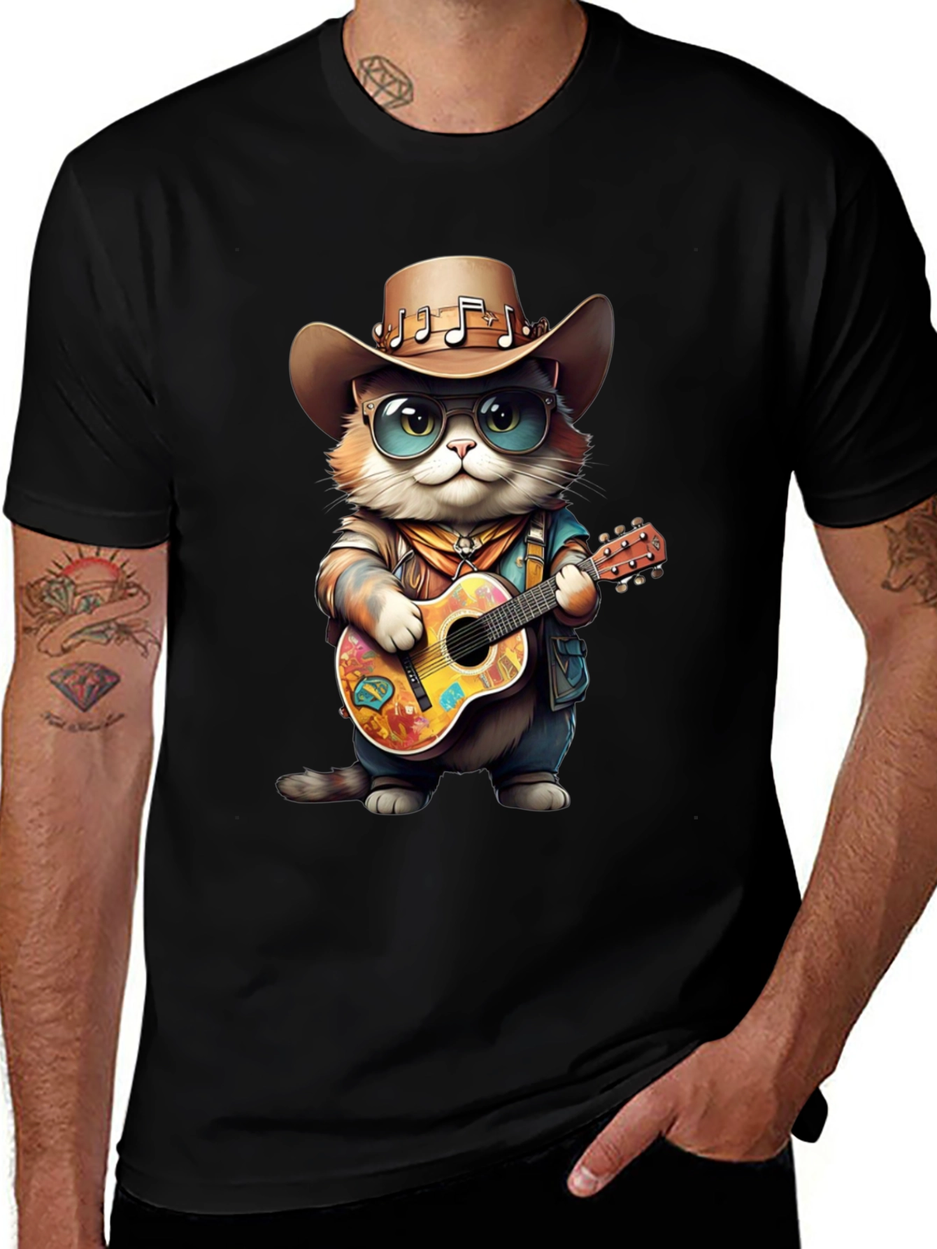 Camiseta Negra con Gato Vaquero Músico