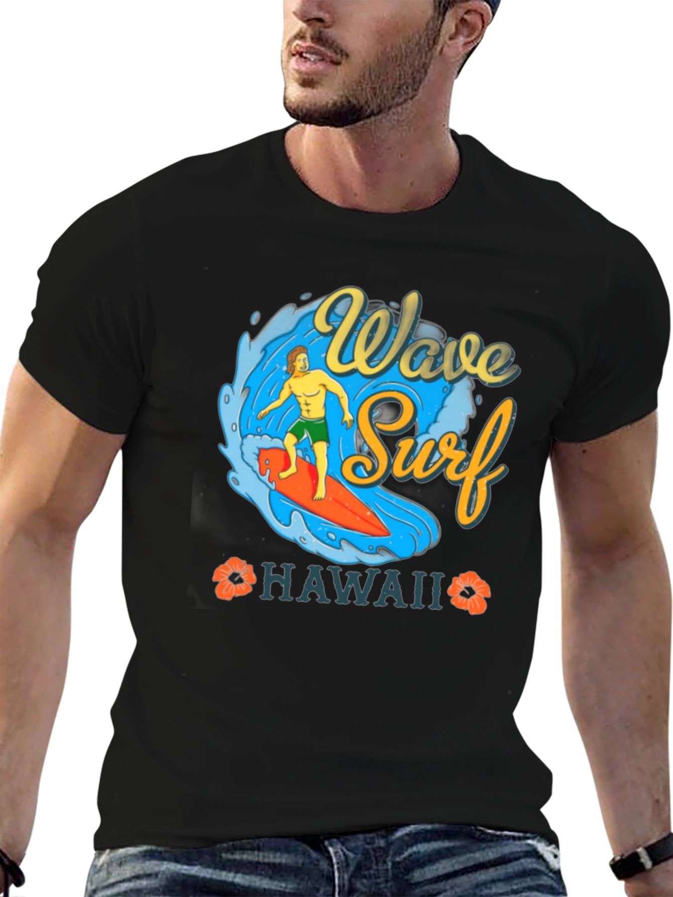 Camiseta Negra Estampada Ola Surf Hawaii
