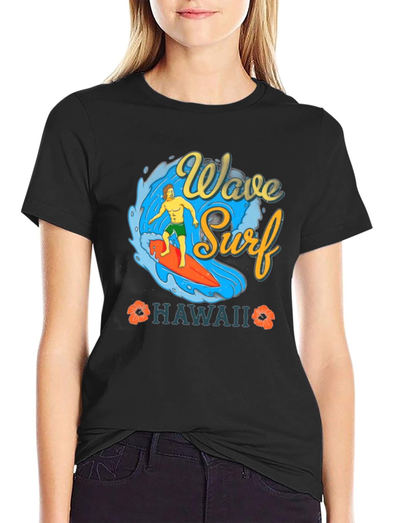 Camiseta Negra Estampada Ola Surf Hawaii