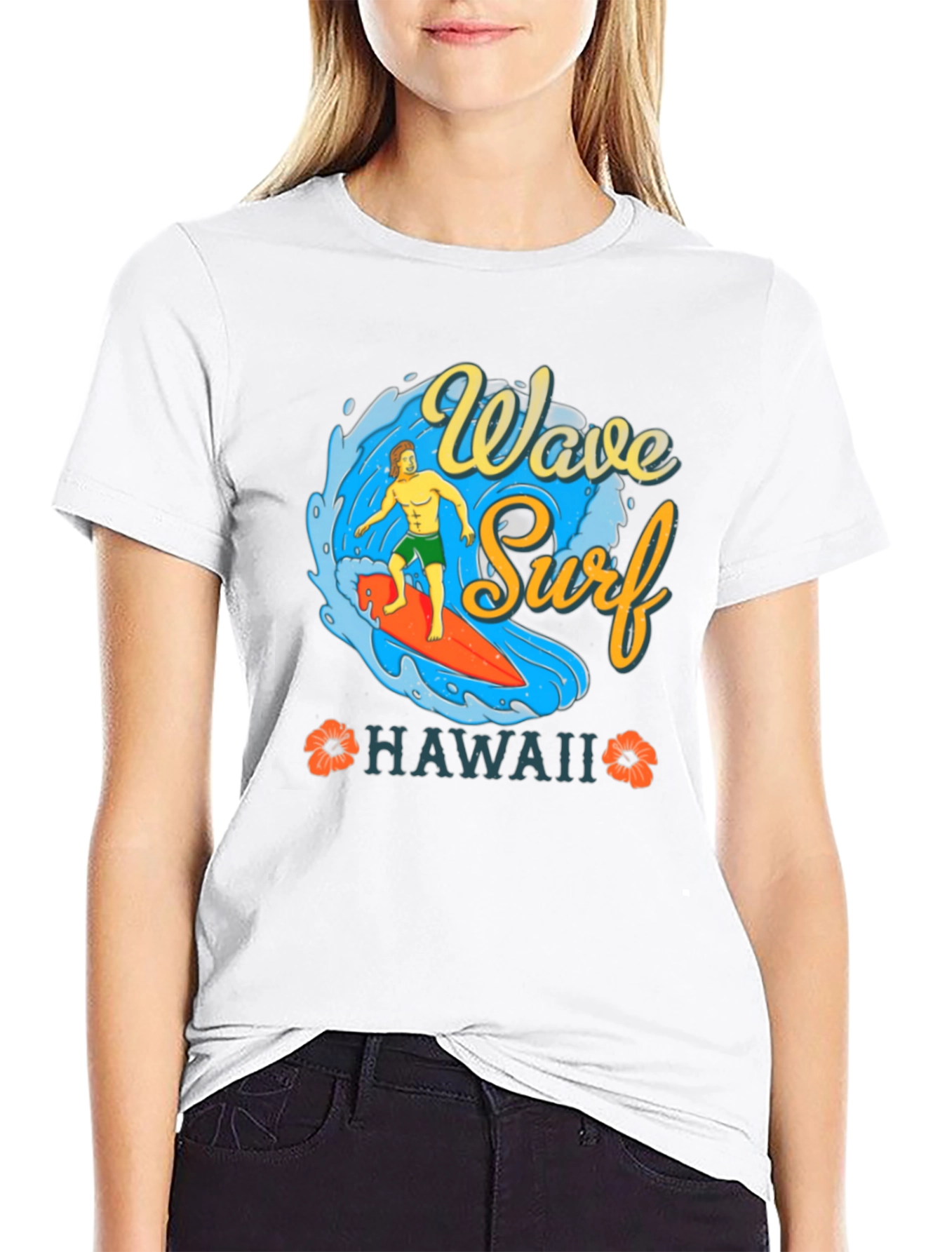 Camiseta Negra Estampada Ola Surf Hawaii