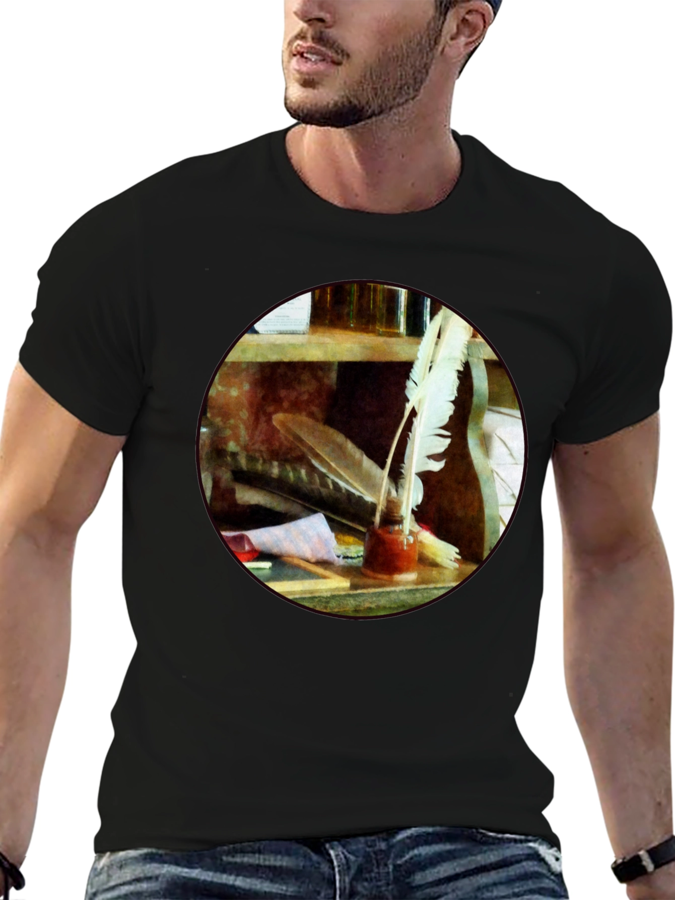 Camiseta Negra Escritor con Plumas
