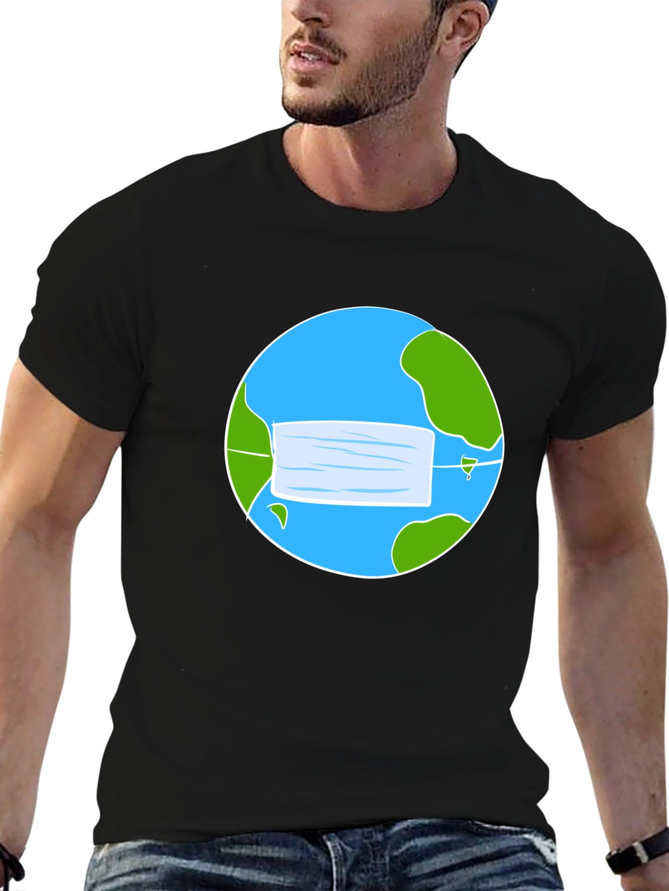 Camiseta Negra con Diseño de Tierra y Mascarilla