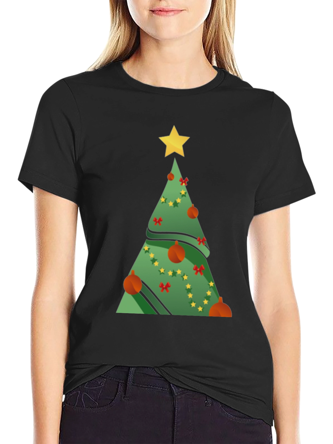 Camiseta Negra Árbol de Navidad Festivo