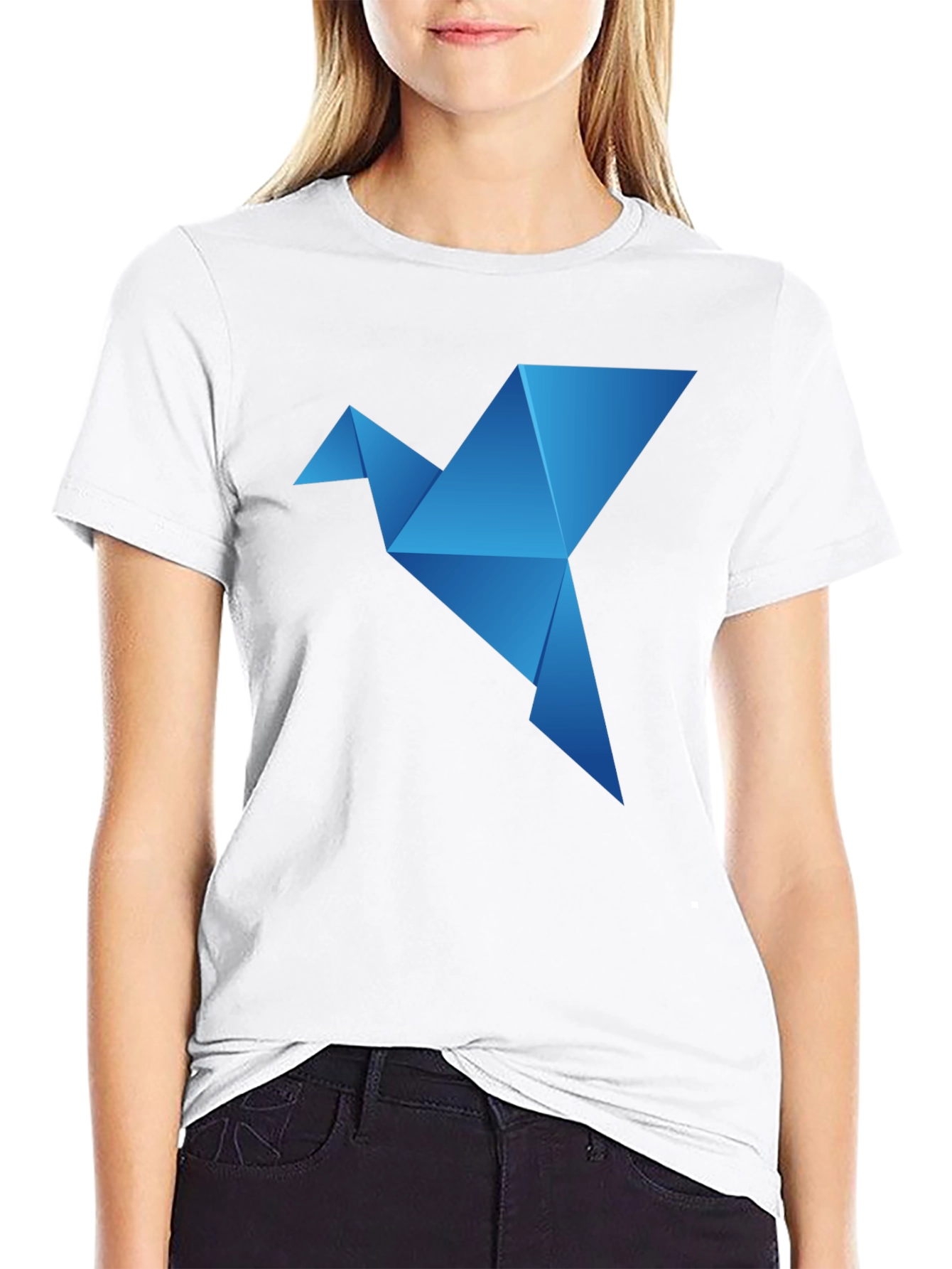 Camiseta Negra con Diseño de Pájaro Origami Azul