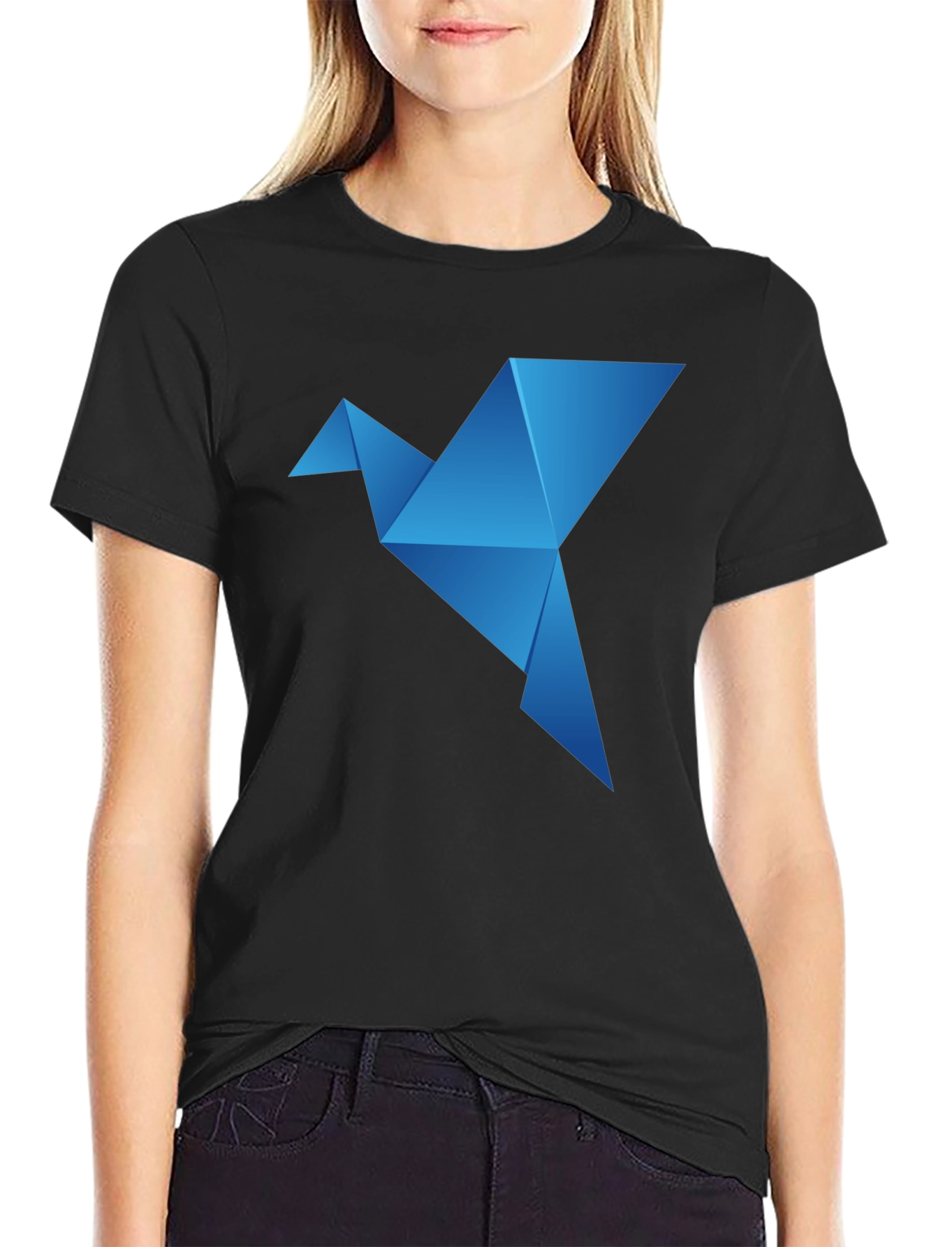 Camiseta Negra con Diseño de Pájaro Origami Azul