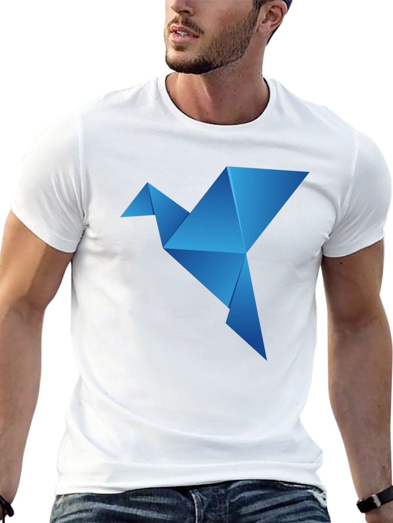 Camiseta Negra con Diseño de Pájaro Origami Azul
