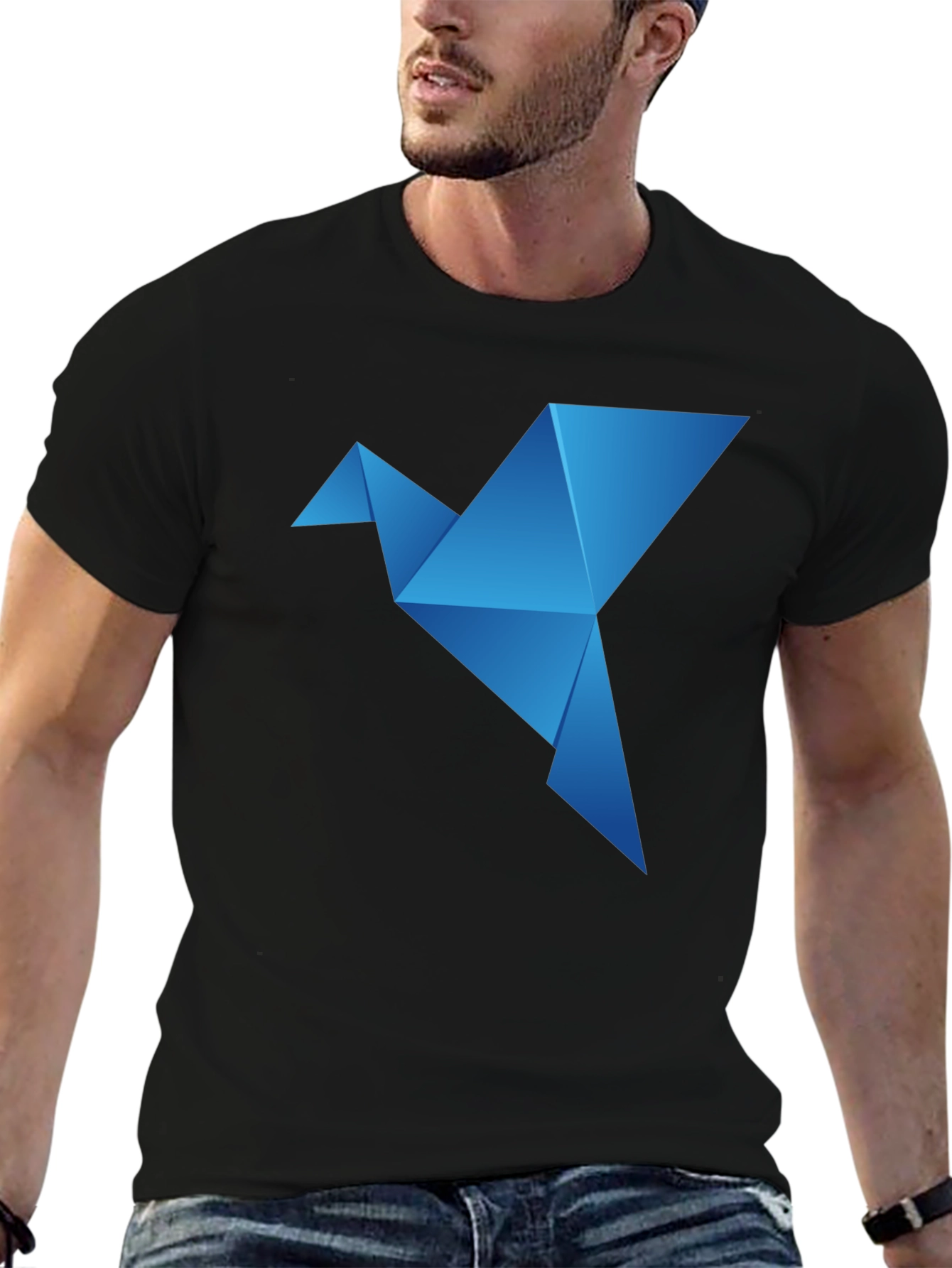 Camiseta Negra con Diseño de Pájaro Origami Azul
